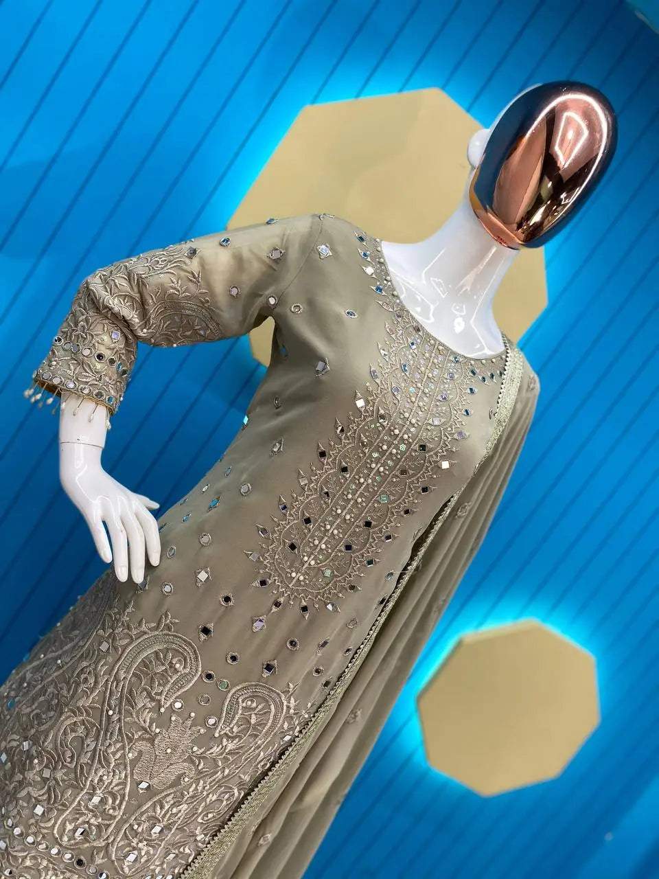 Elegant Georgette Suit Set with Sequins Embroidery, Gharara & Dupatta | Real Mirror Work YNF