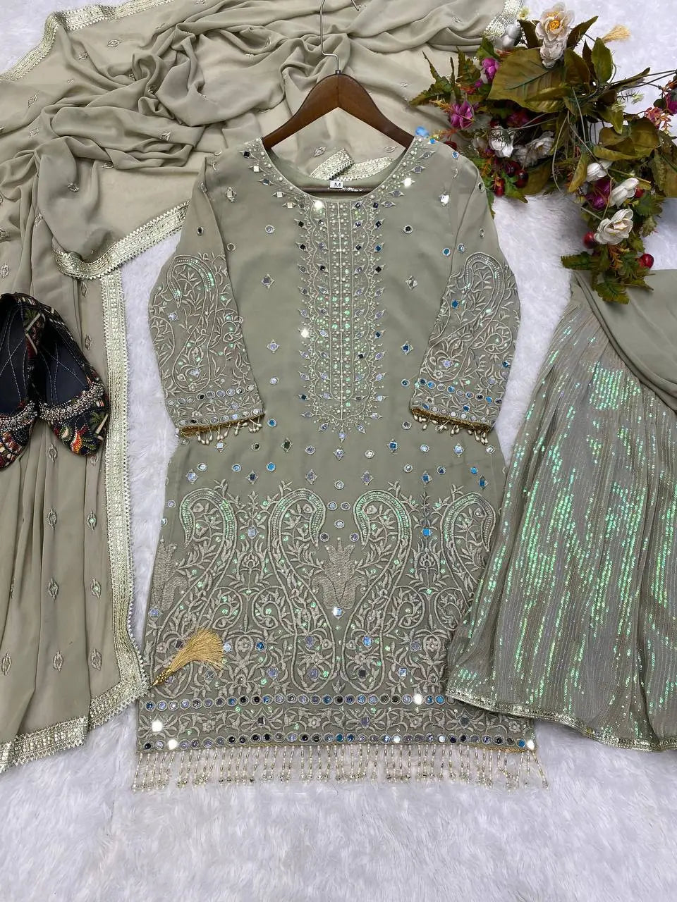 Elegant Georgette Suit Set with Sequins Embroidery, Gharara & Dupatta | Real Mirror Work YNF