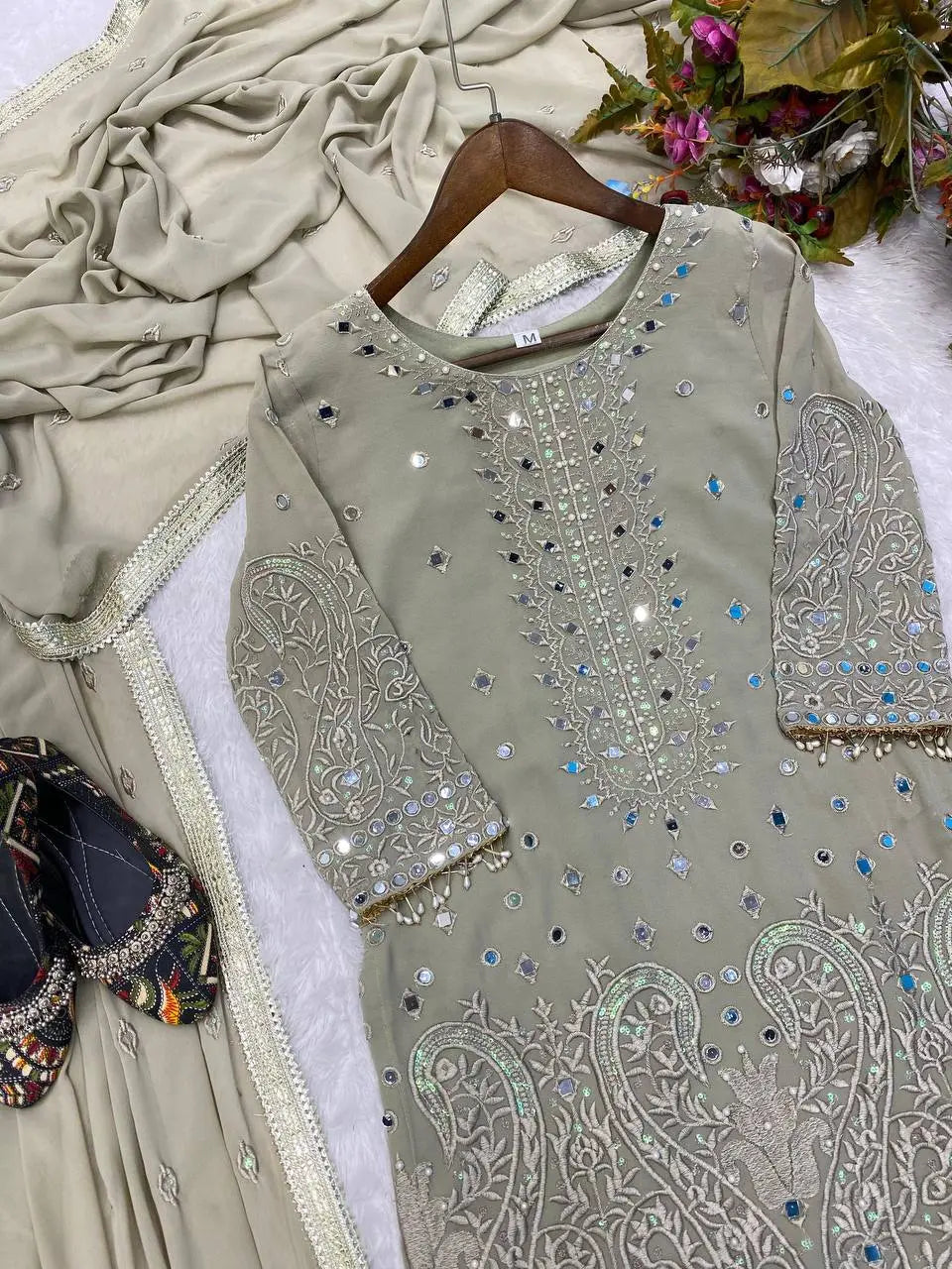 Elegant Georgette Suit Set with Sequins Embroidery, Gharara & Dupatta | Real Mirror Work YNF