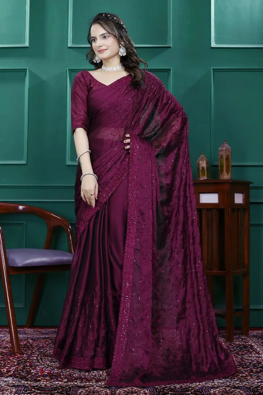 Elegant Premium Satin Crepe Silk Saree with Digital Print & Fancy Neck Style | Unstitched Silk Blouse YNF