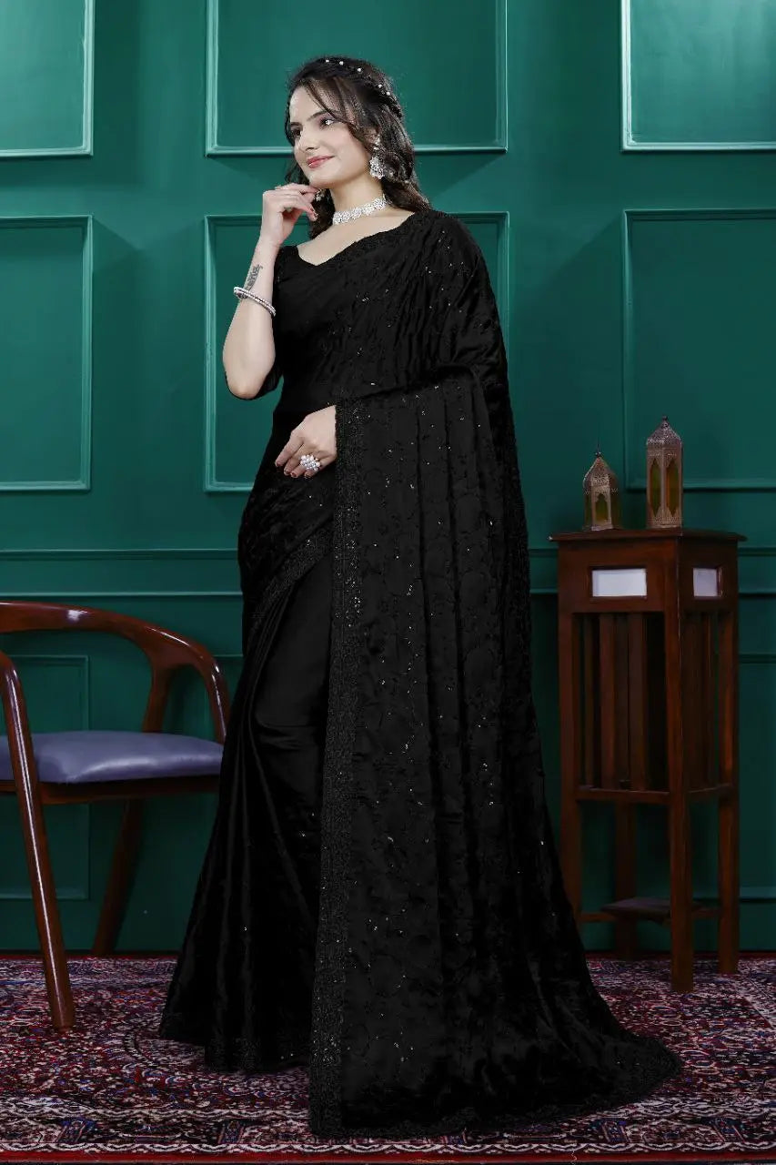 Elegant Premium Satin Crepe Silk Saree with Digital Print & Fancy Neck Style | Unstitched Silk Blouse YNF