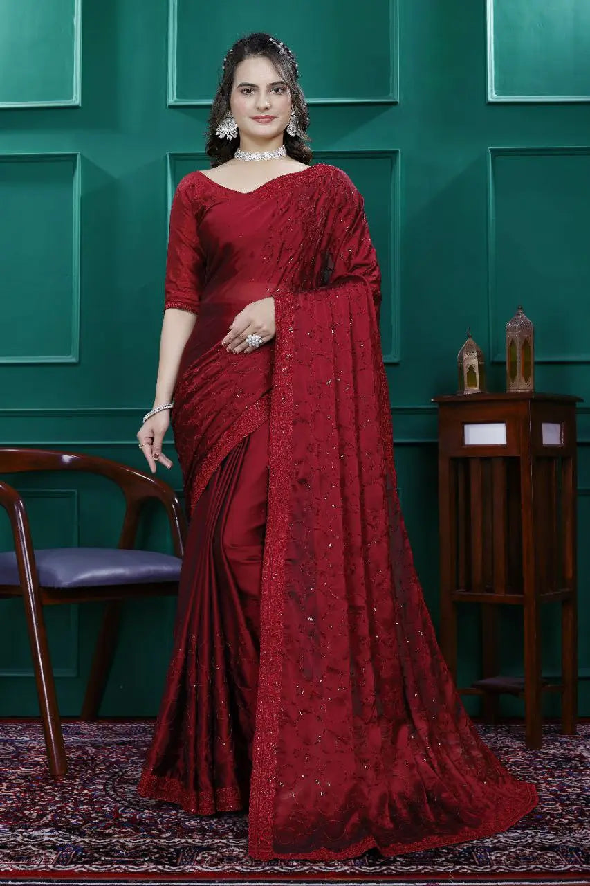 Elegant Premium Satin Crepe Silk Saree with Digital Print & Fancy Neck Style | Unstitched Silk Blouse YNF