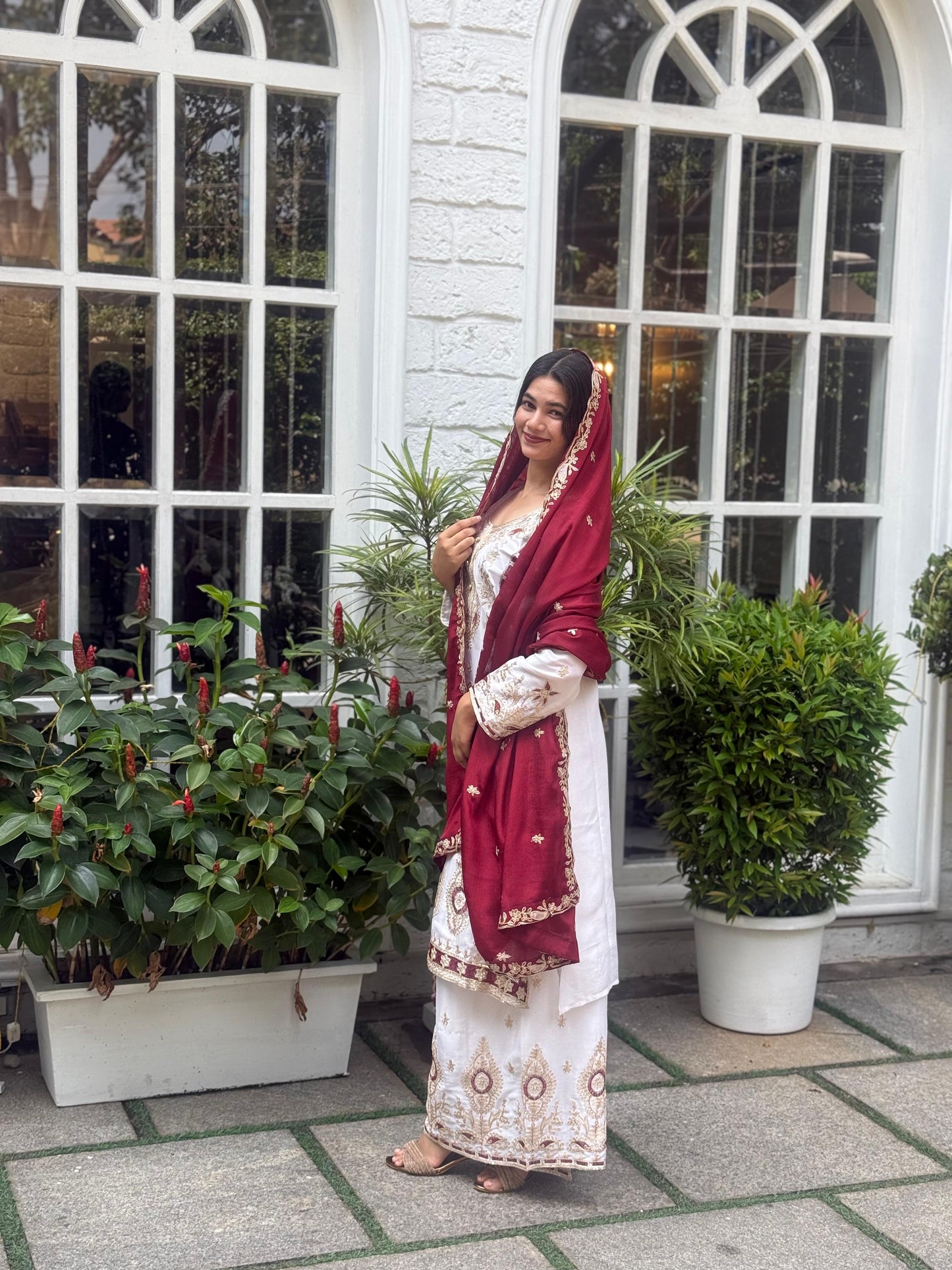 Pure Chinon Silk Suit Set with Embroidery Sequin Work | Fully Stitched Plazo Set with Dupatta YNF