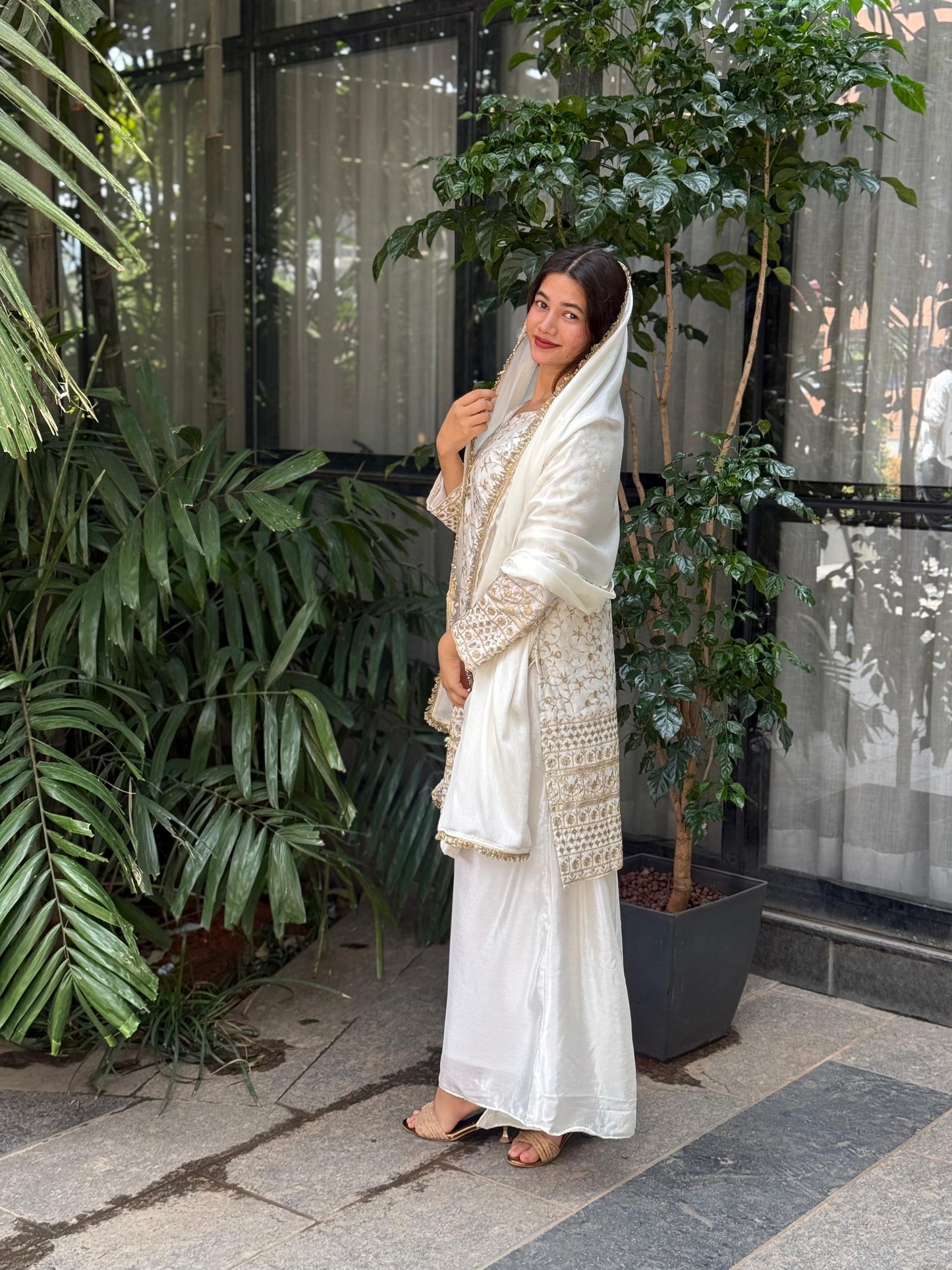 Elegant Pure Chinon Silk Palazzo Set with Embroidery Work | Fully Stitched Festive & Partywear Suit YNF