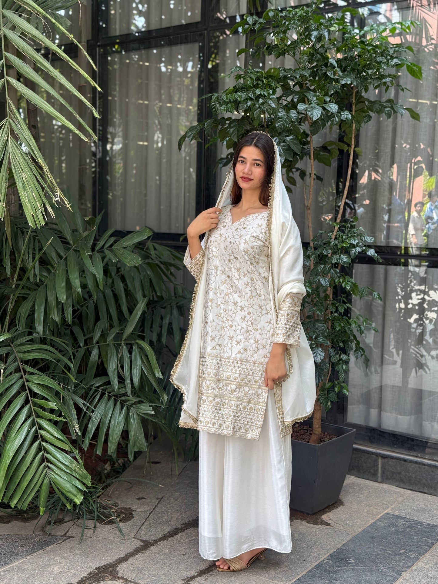 Elegant Pure Chinon Silk Palazzo Set with Embroidery Work | Fully Stitched Festive & Partywear Suit YNF