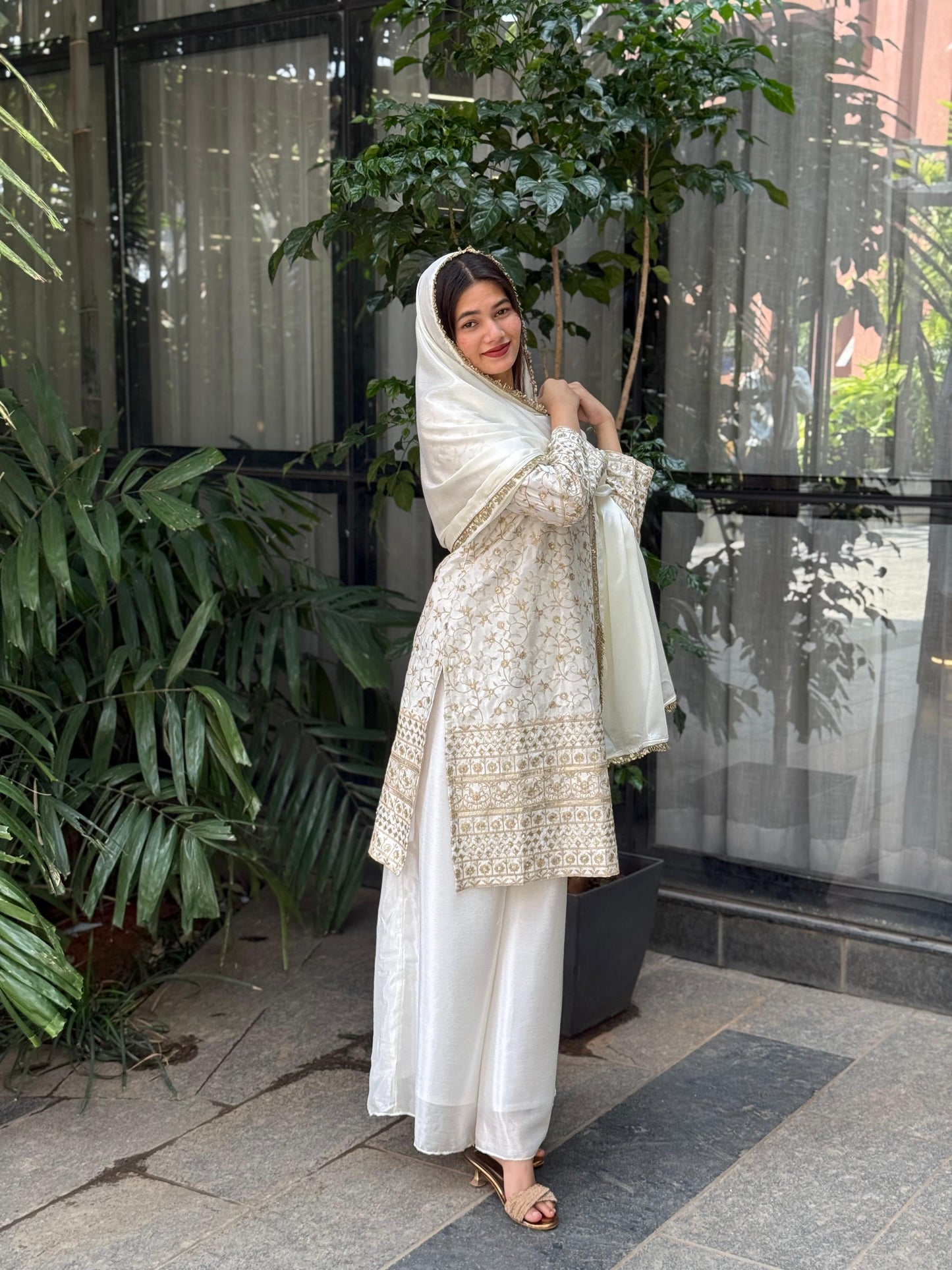 Elegant Pure Chinon Silk Palazzo Set with Embroidery Work | Fully Stitched Festive & Partywear Suit YNF