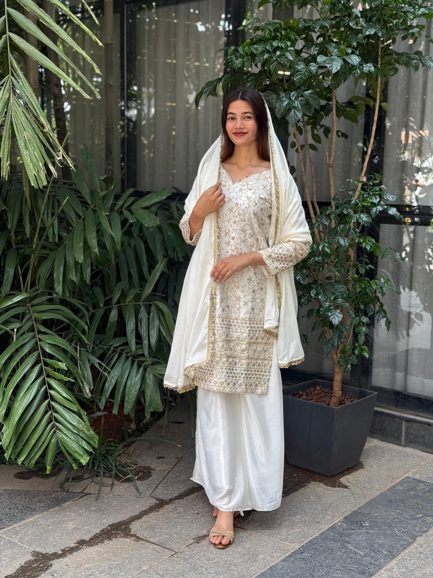 Elegant Pure Chinon Silk Palazzo Set with Embroidery Work | Fully Stitched Festive & Partywear Suit YNF