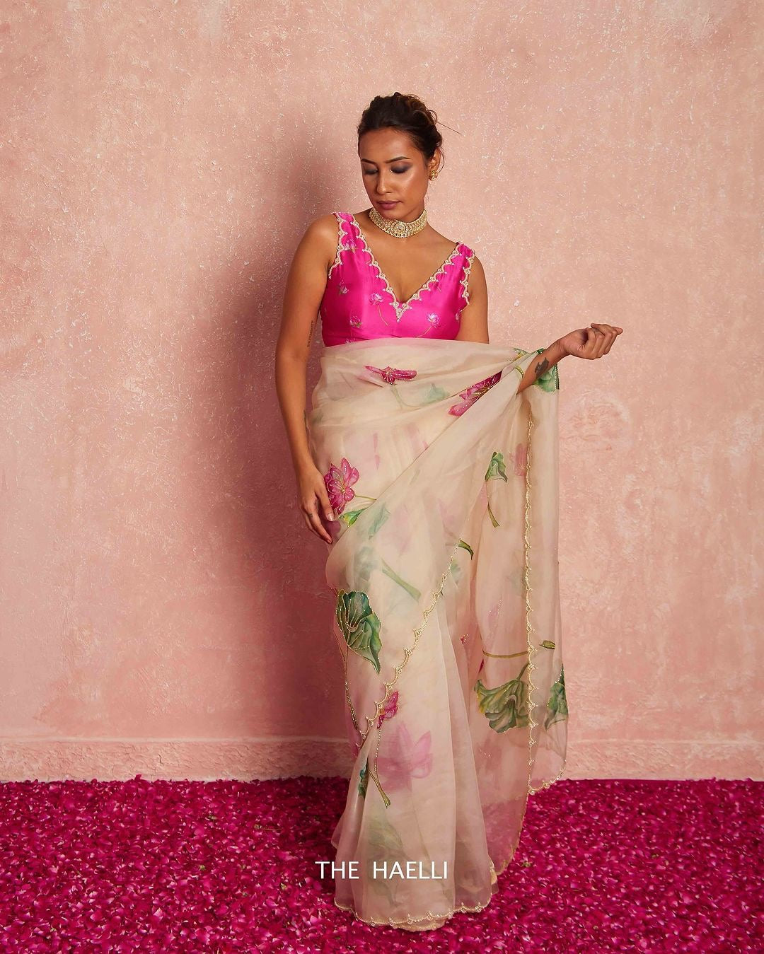 Soft Organza Saree with Floral Print & Hand Beads Work | Blouse with Katdana Detailing YNF