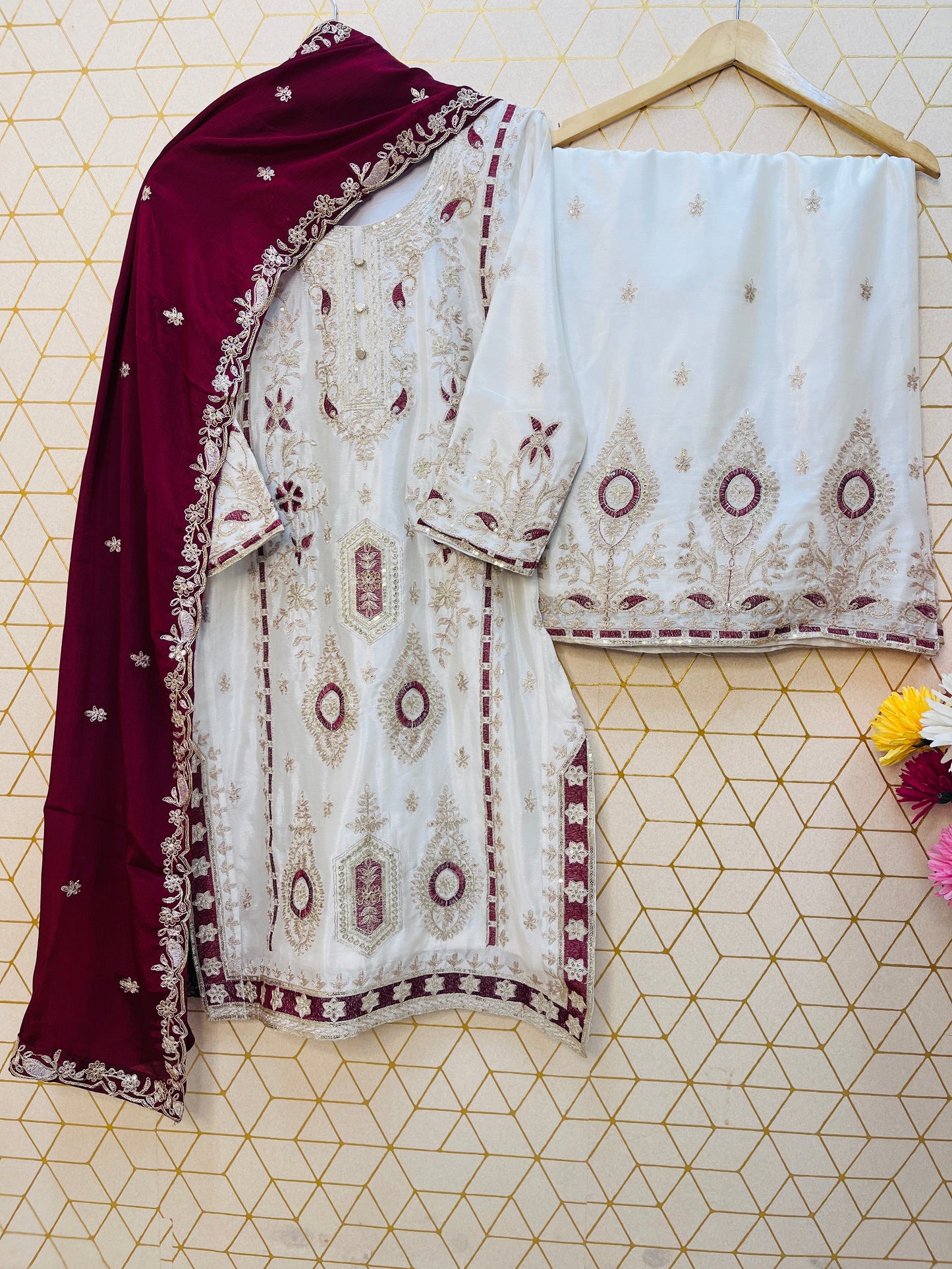 Pure Chinon Silk Suit Set with Embroidery Sequin Work | Fully Stitched Plazo Set with Dupatta YNF