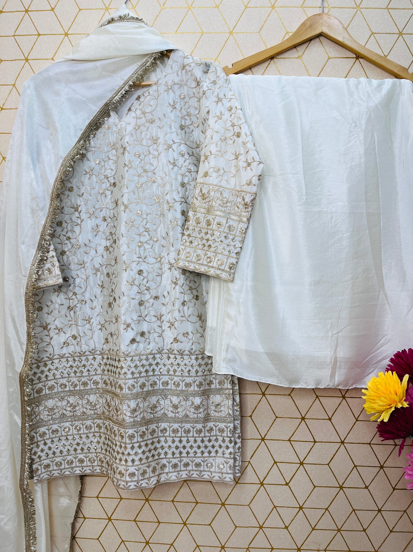 Elegant Pure Chinon Silk Palazzo Set with Embroidery Work | Fully Stitched Festive & Partywear Suit YNF
