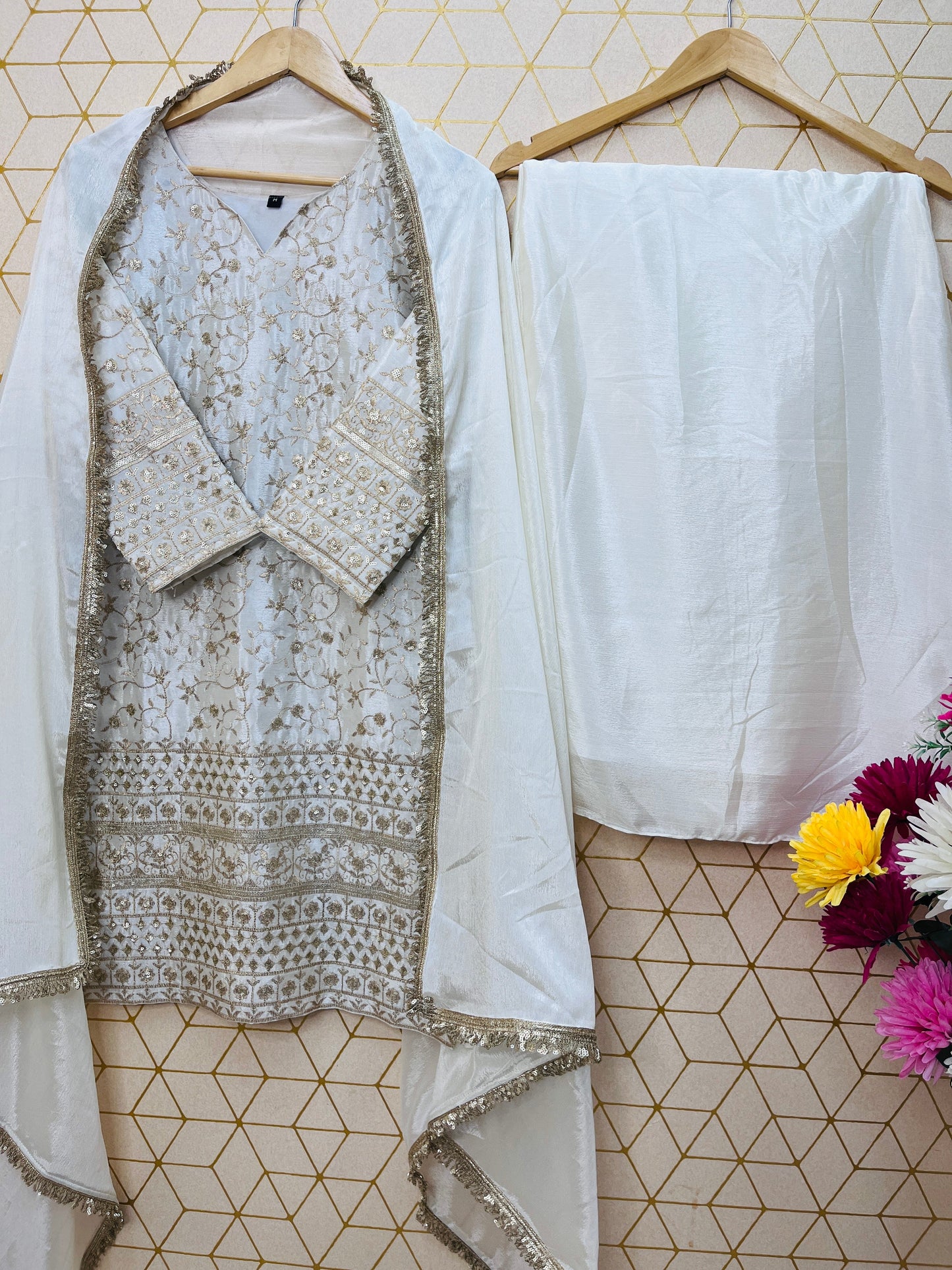 Elegant Pure Chinon Silk Palazzo Set with Embroidery Work | Fully Stitched Festive & Partywear Suit YNF