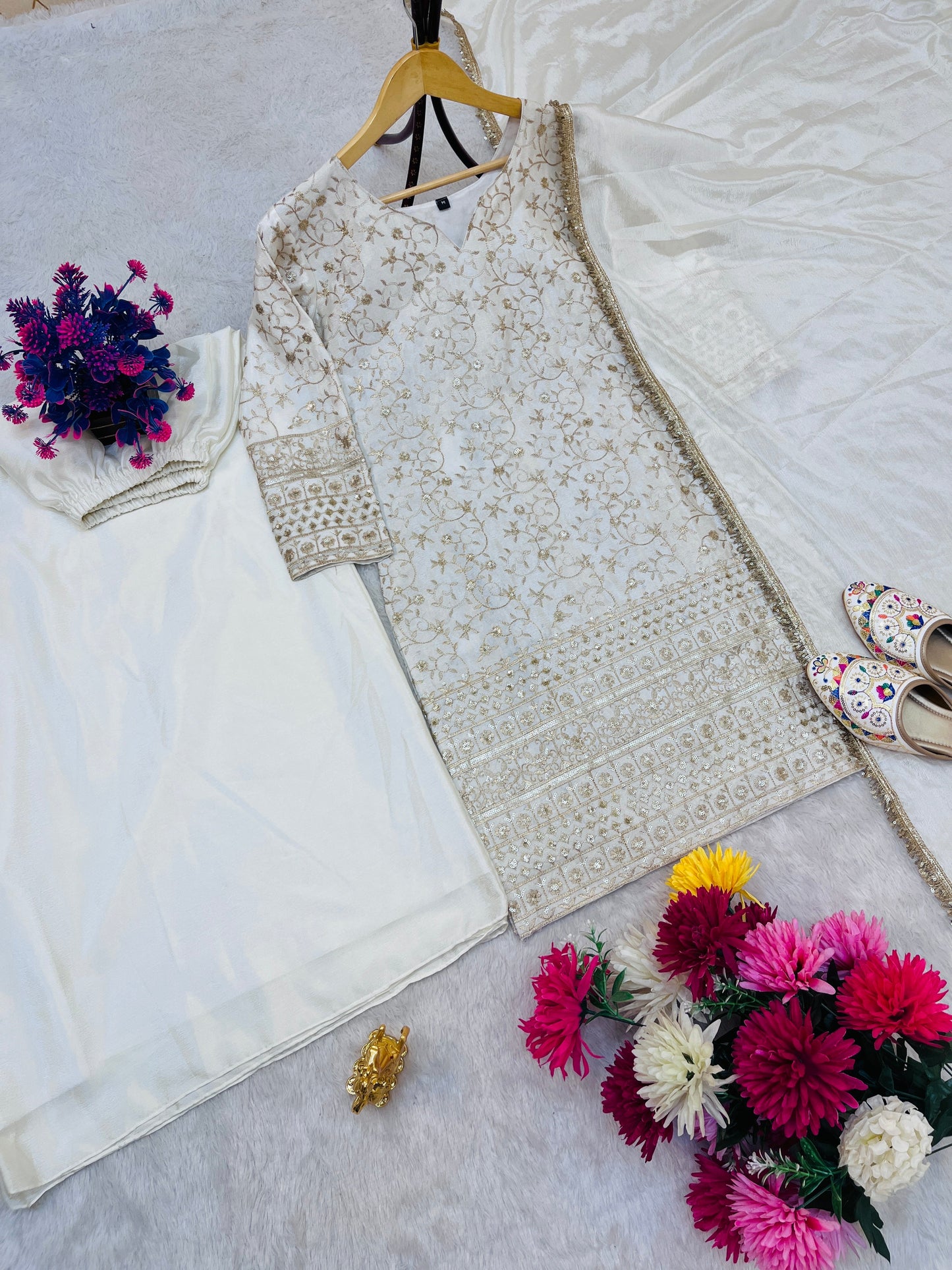 Elegant Pure Chinon Silk Palazzo Set with Embroidery Work | Fully Stitched Festive & Partywear Suit YNF