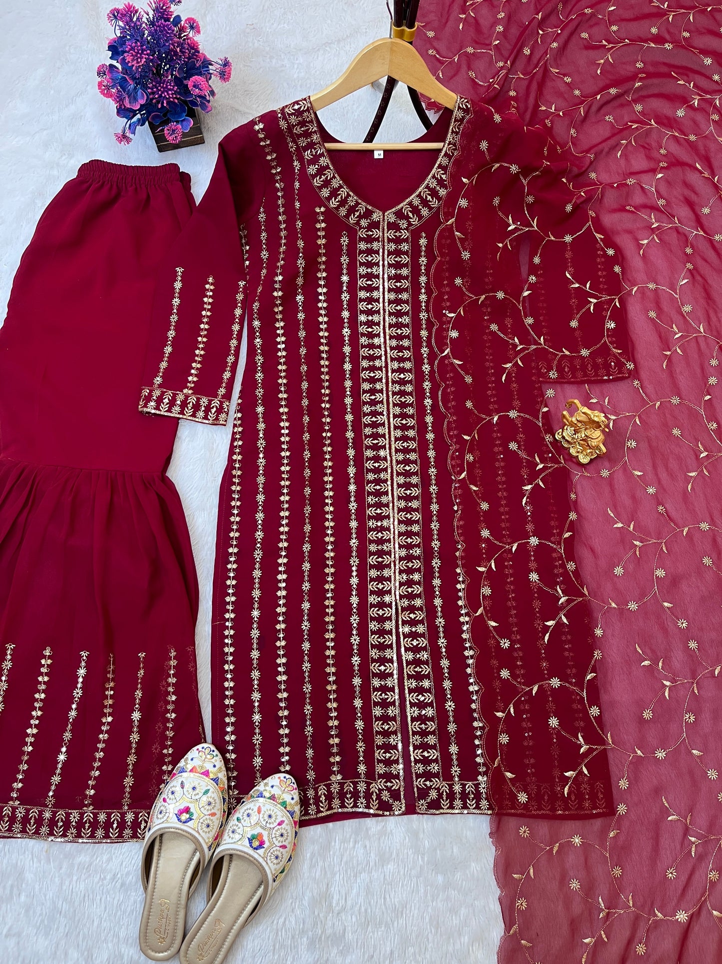 Graceful Faux Georgette Sharara Set with Embroidery Sequence Work | Fully Stitched Festive & Partywear Suit YNF