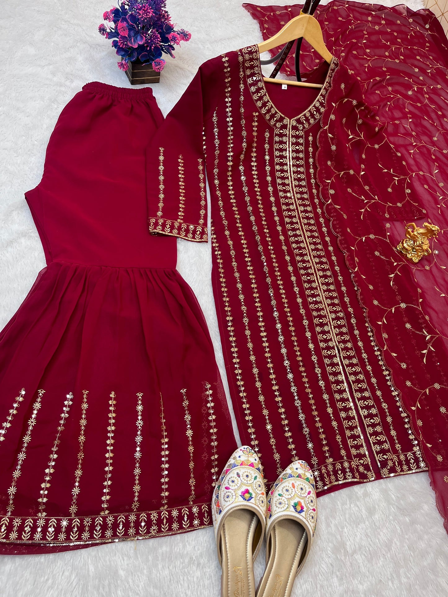 Graceful Faux Georgette Sharara Set with Embroidery Sequence Work | Fully Stitched Festive & Partywear Suit YNF