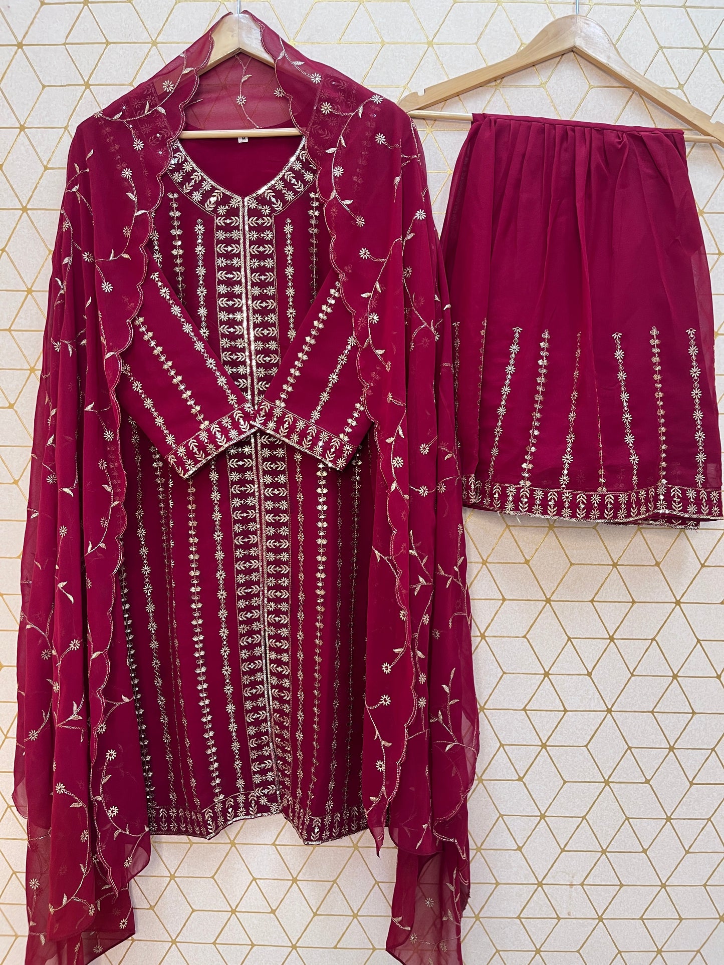 Graceful Faux Georgette Sharara Set with Embroidery Sequence Work | Fully Stitched Festive & Partywear Suit YNF
