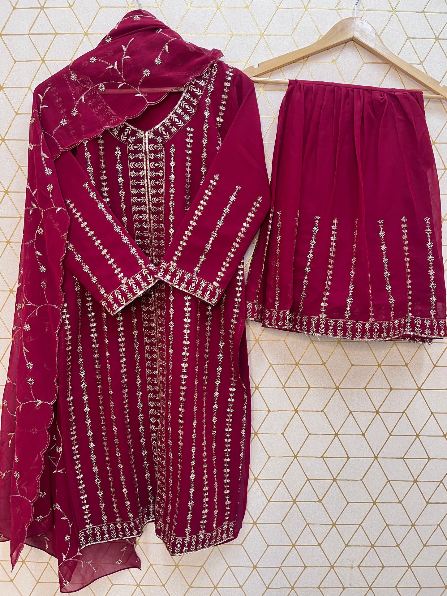 Graceful Faux Georgette Sharara Set with Embroidery Sequence Work | Fully Stitched Festive & Partywear Suit YNF