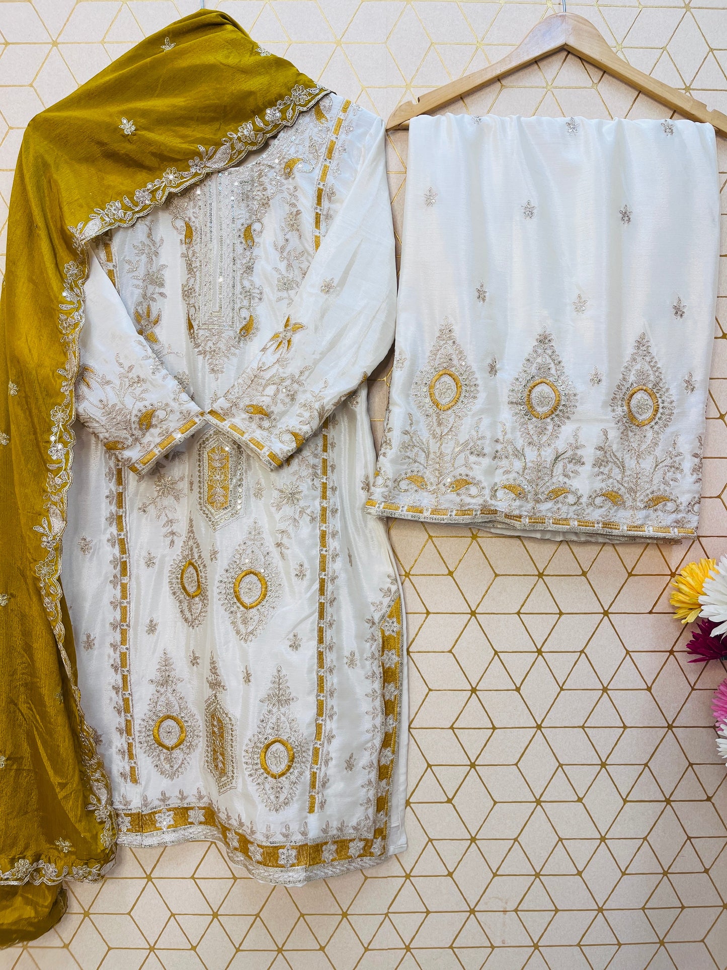 Pure Chinon Silk Suit Set with Embroidery Sequin Work | Fully Stitched Plazo Set with Dupatta YNF