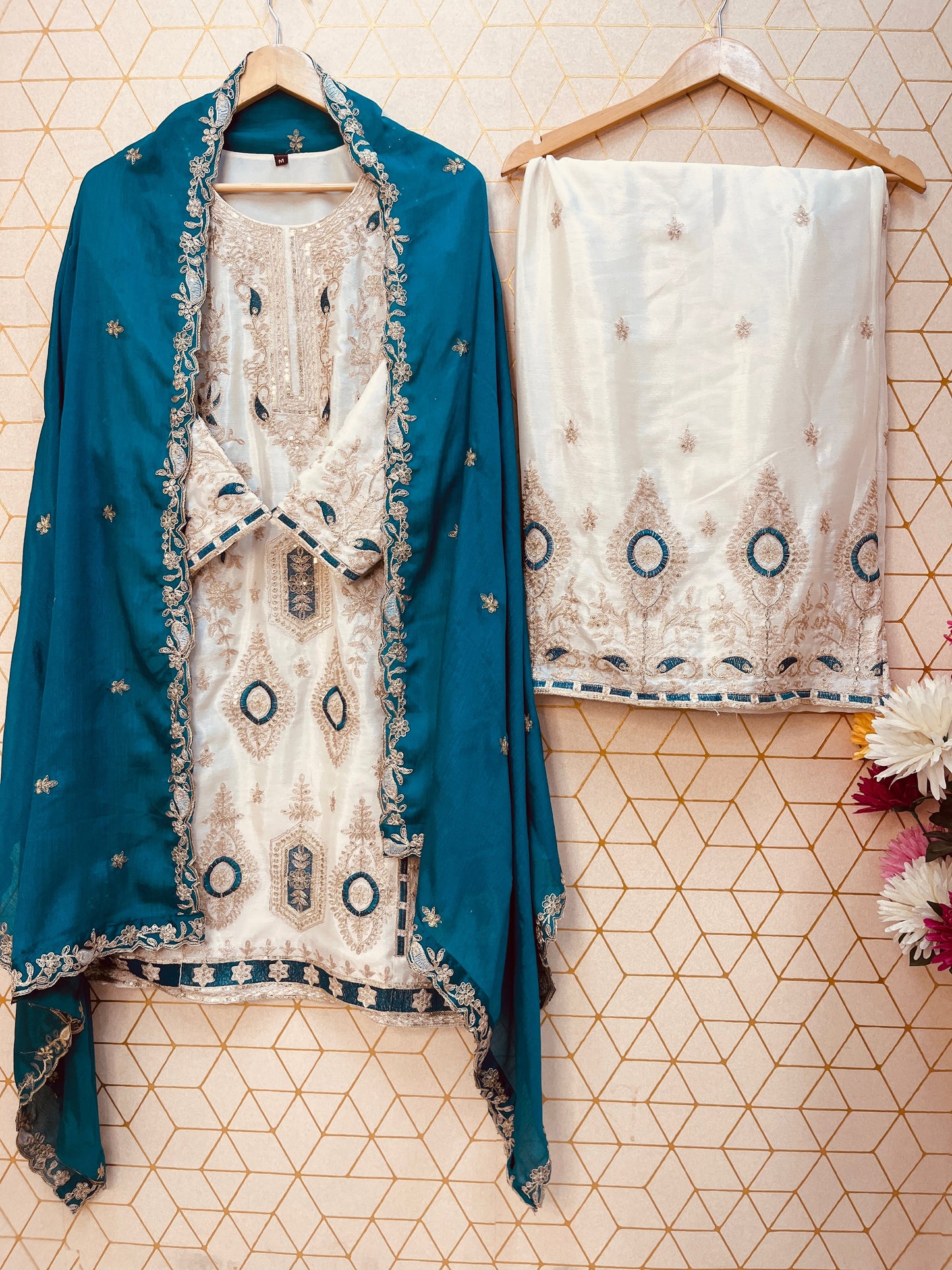 Pure Chinon Silk Suit Set with Embroidery Sequin Work | Fully Stitched Plazo Set with Dupatta YNF