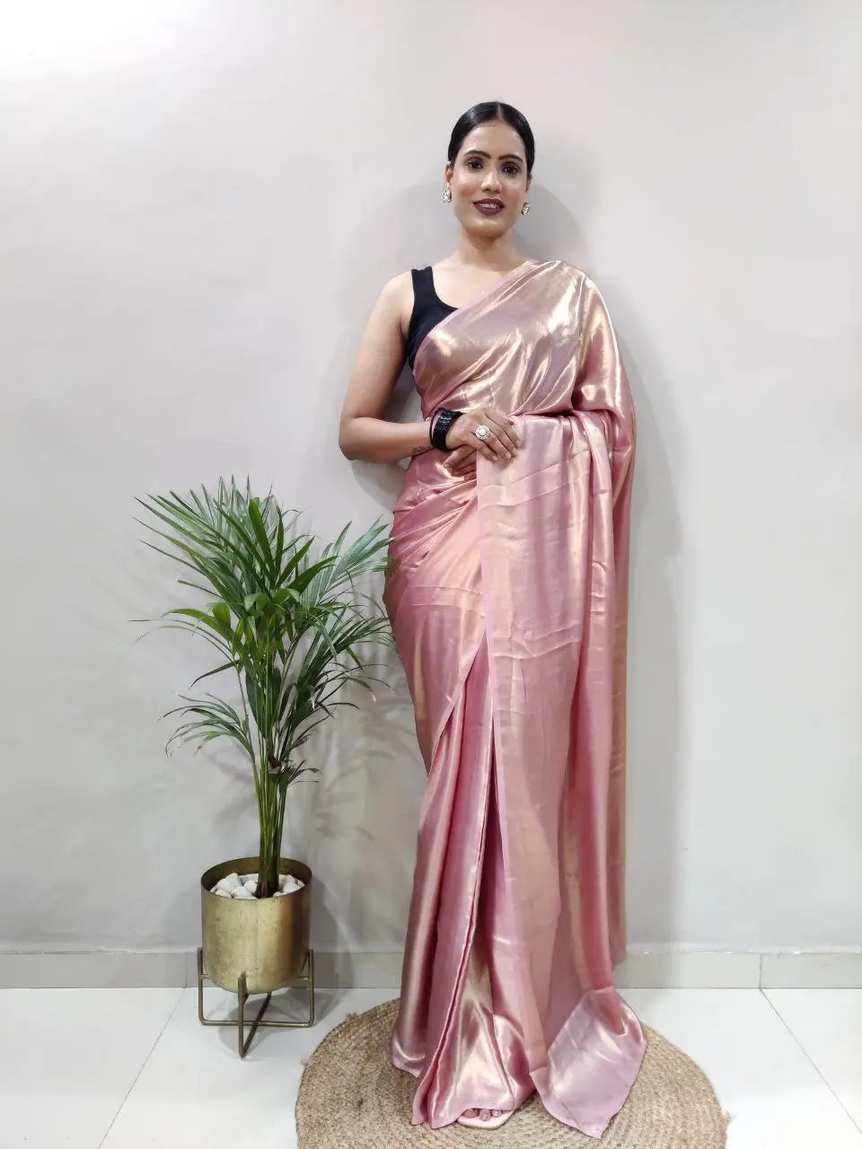 Stunning Shimmer Satin Silk Saree with Stitched Banglori Silk Blouse | Adjustable Size YNF