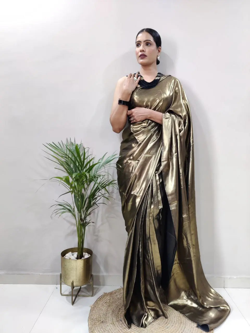 Stunning Shimmer Satin Silk Saree with Stitched Banglori Silk Blouse | Adjustable Size YNF
