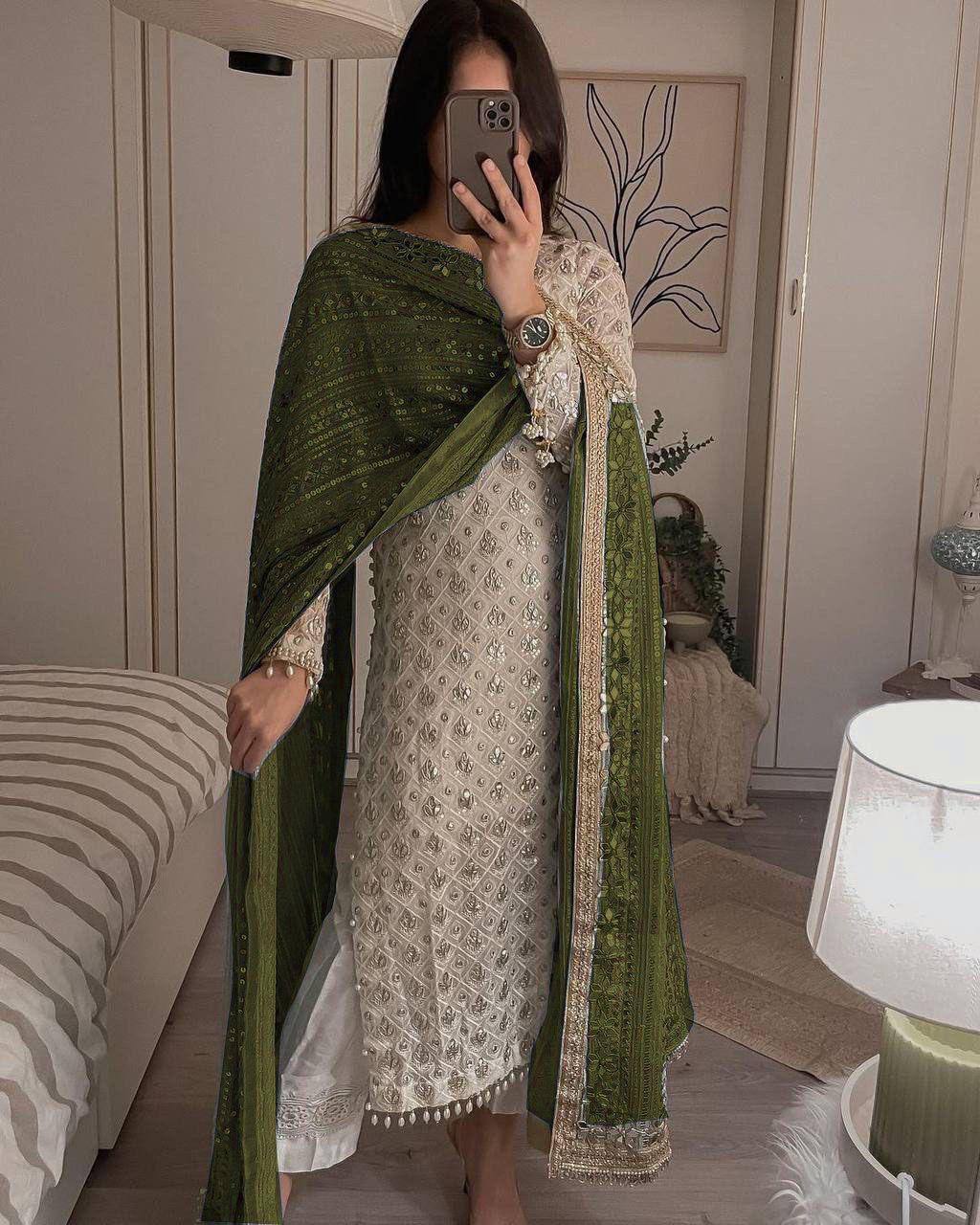 Elegant Fox Georgette Set with Sequence Embroidery & Real Mirror Dupatta YNF