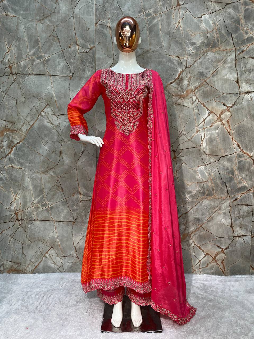 Premium Chinon Silk Suit Set with Pant & Dupatta | Real Mirror & Sequence Work YNF