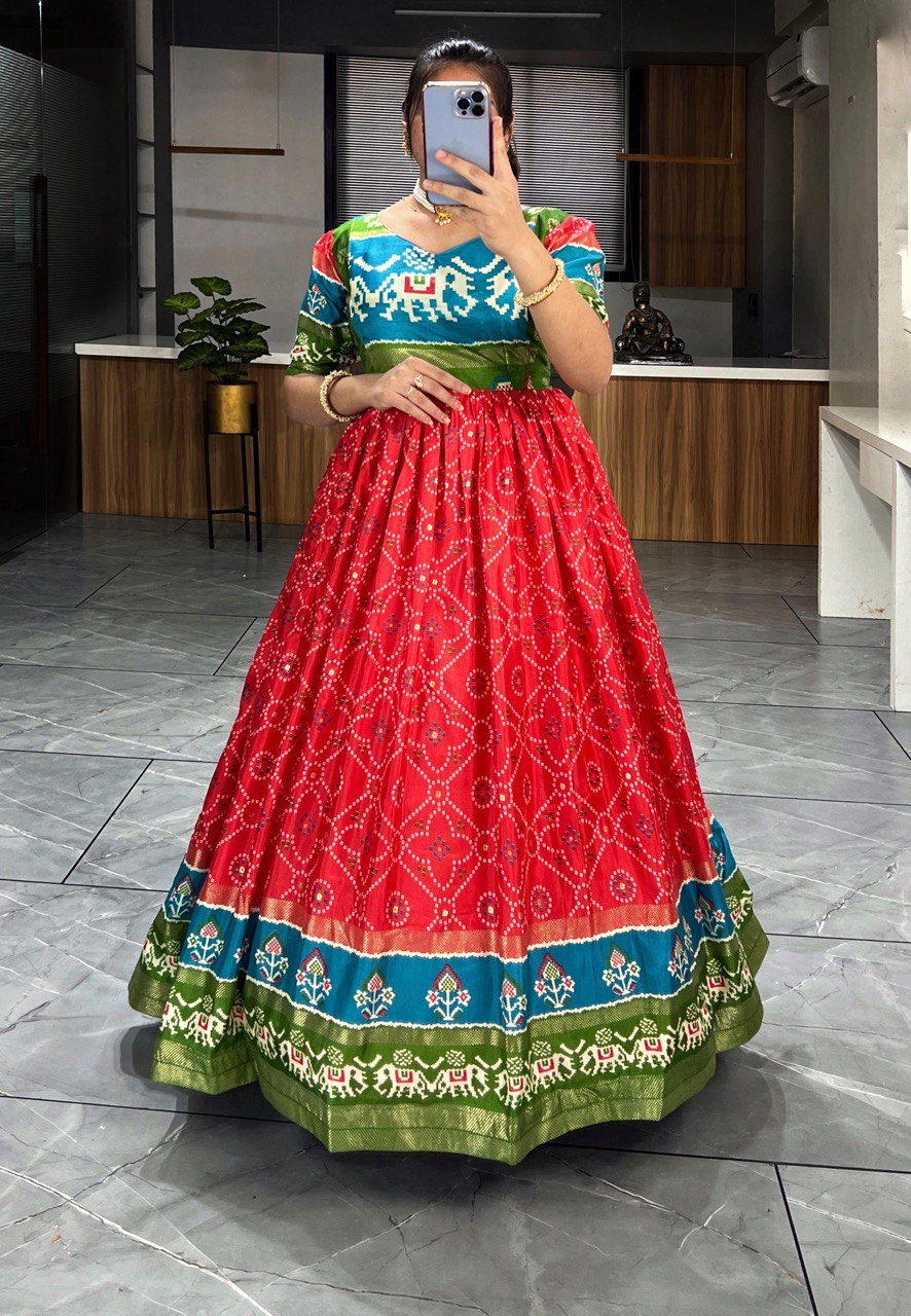 Patola Print Gown in Soft Dola Silk with Zari Border & Foil Work | Full Flare with Adjustable Fit YNF