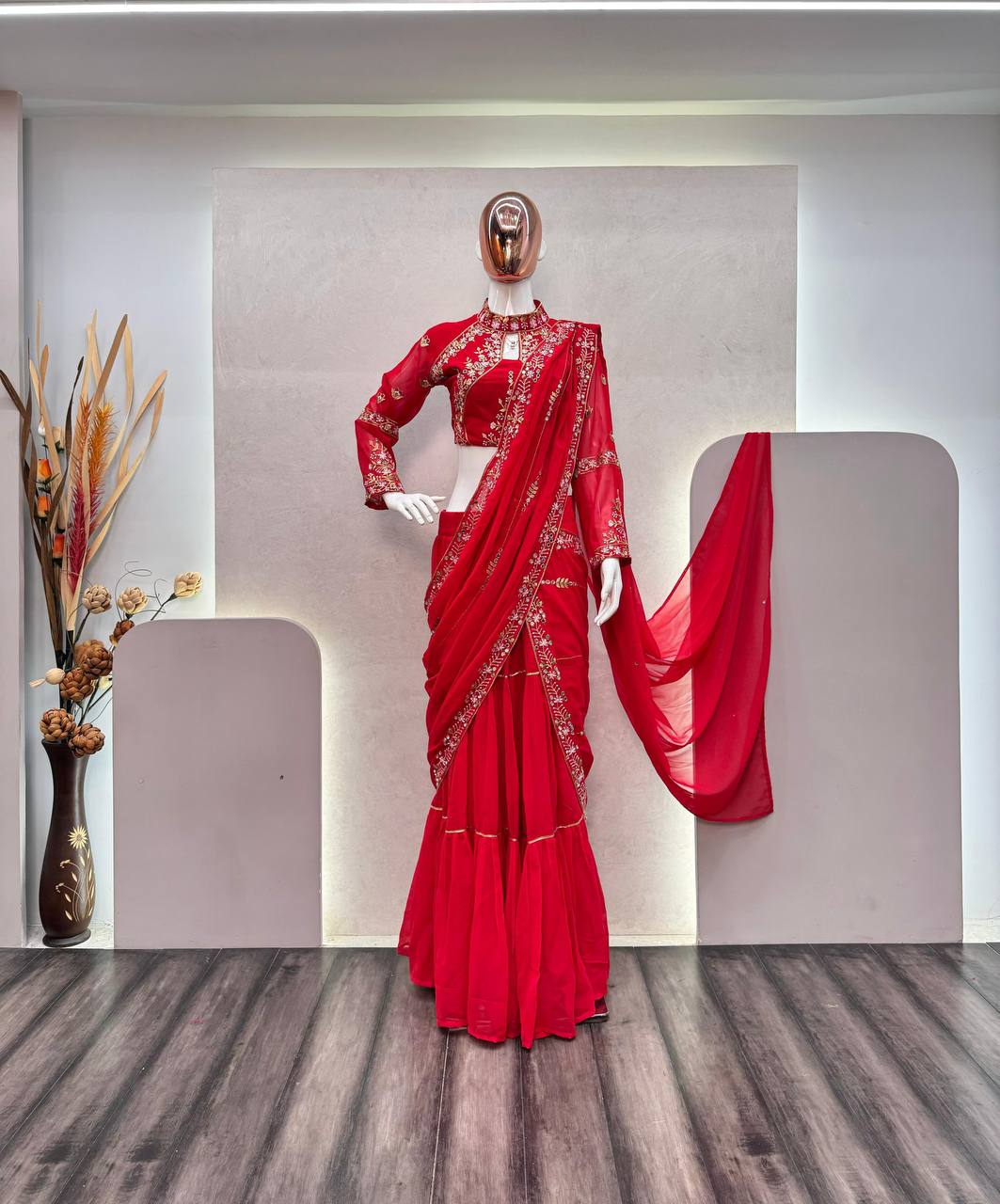 Faux Georgette Lehenga Saree with Ruffle & Mirror Work | Full Stitched with Sequins Embroidered Blouse YNF