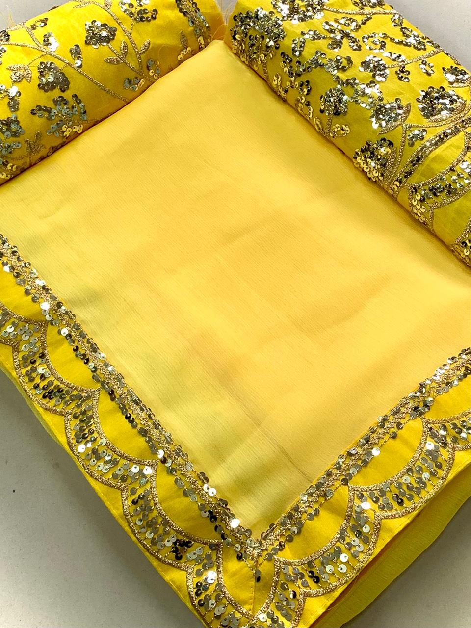 Premium Moss Chiffon Saree with Embroidery Lace & Sequins Work | Unstitched Banglory Silk Blouse YNF