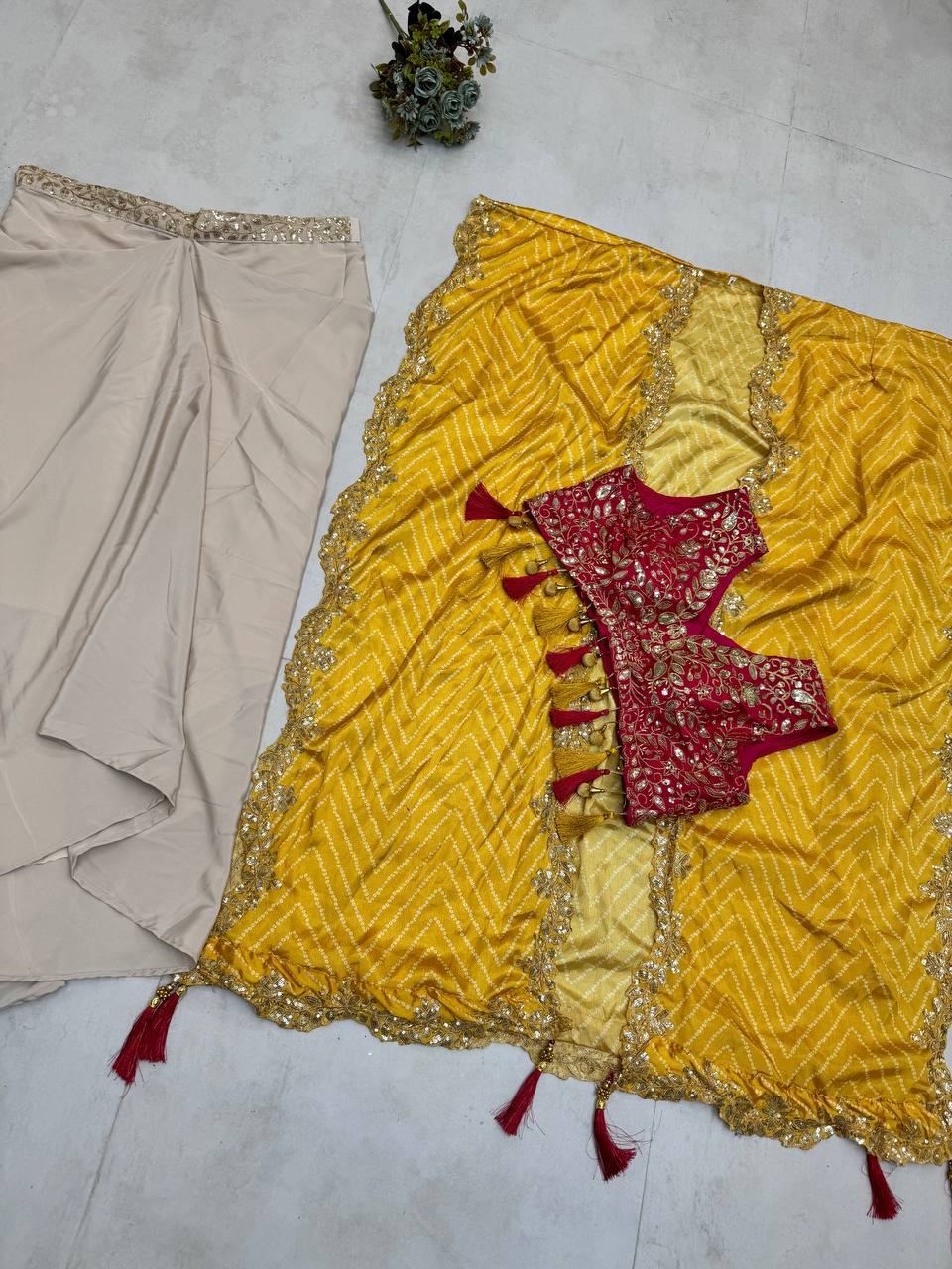 Elegant Three-Piece Ensemble with Sequence Embroidery – Tube Blouse, Draped Skirt & Shrug YNF