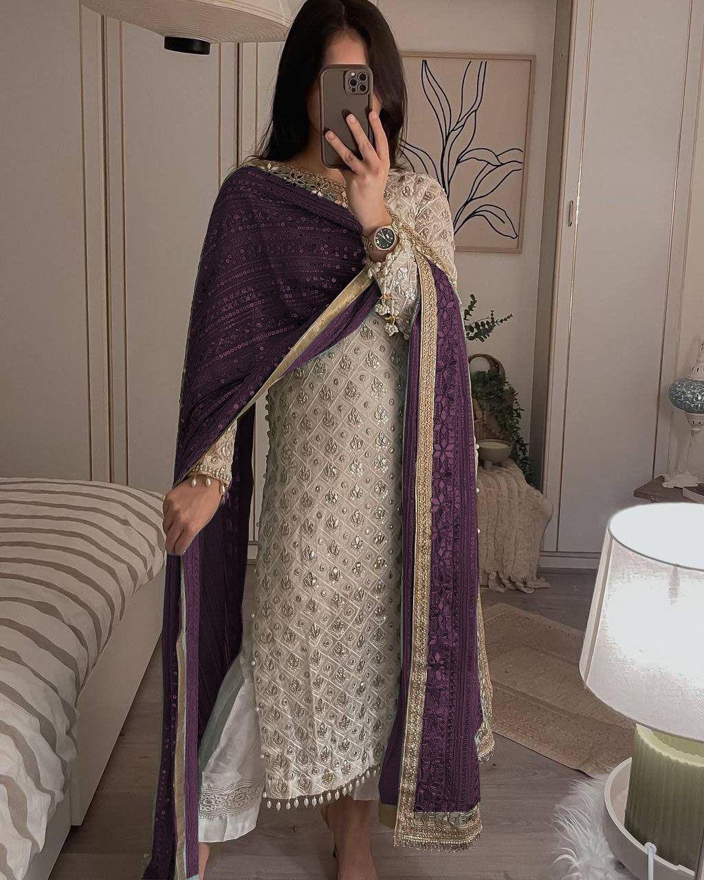 Elegant Fox Georgette Set with Sequence Embroidery & Real Mirror Dupatta YNF