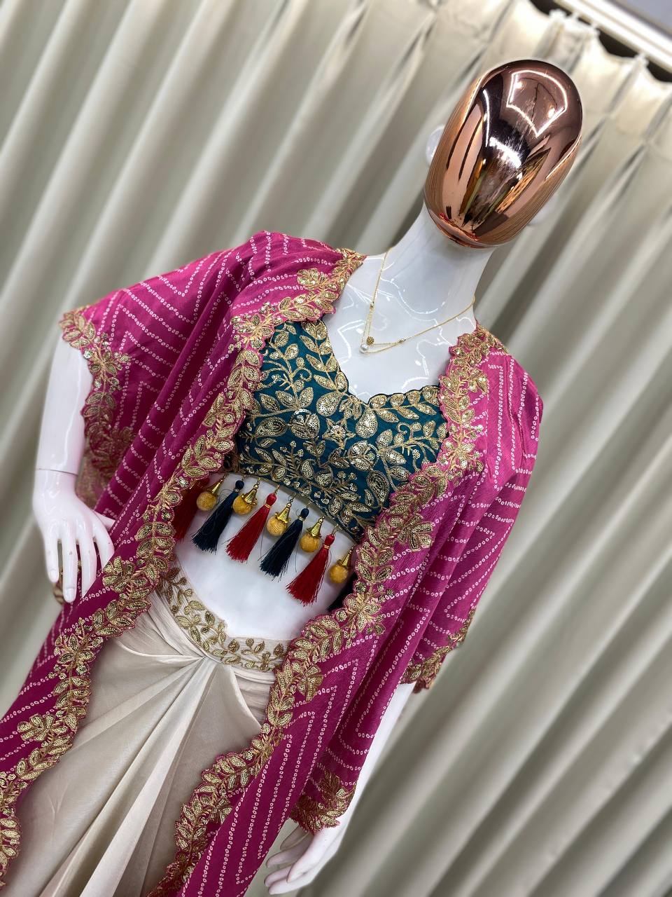 Elegant Three-Piece Ensemble with Sequence Embroidery – Tube Blouse, Draped Skirt & Shrug YNF