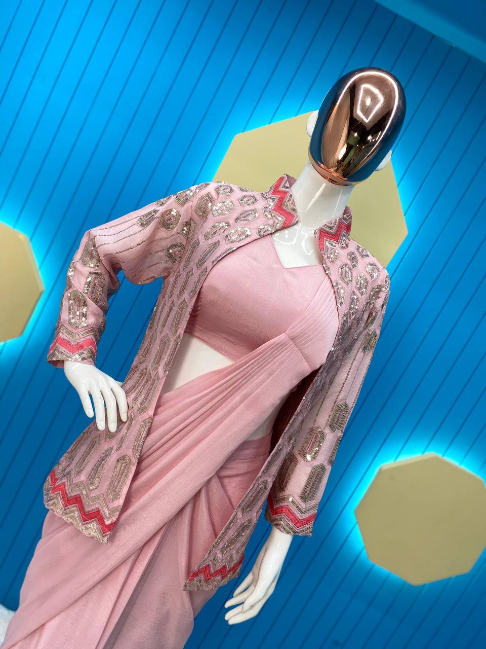 Elegant Chinon Silk Ready-to-Wear Saree Set with Embroidered Koti & Belt – Fits up to 44" YNF