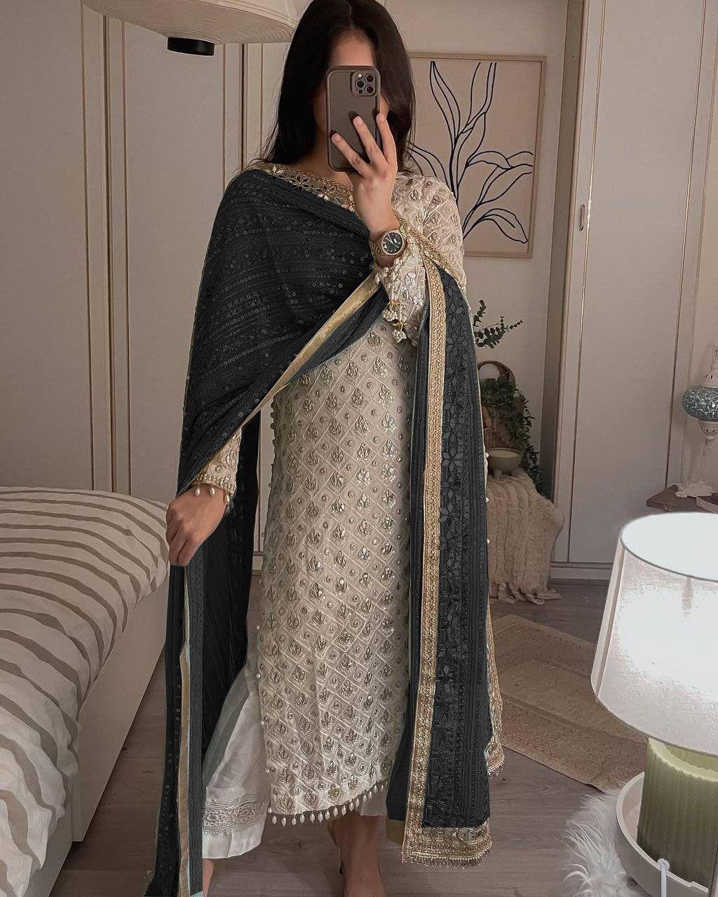 Elegant Fox Georgette Set with Sequence Embroidery & Real Mirror Dupatta YNF