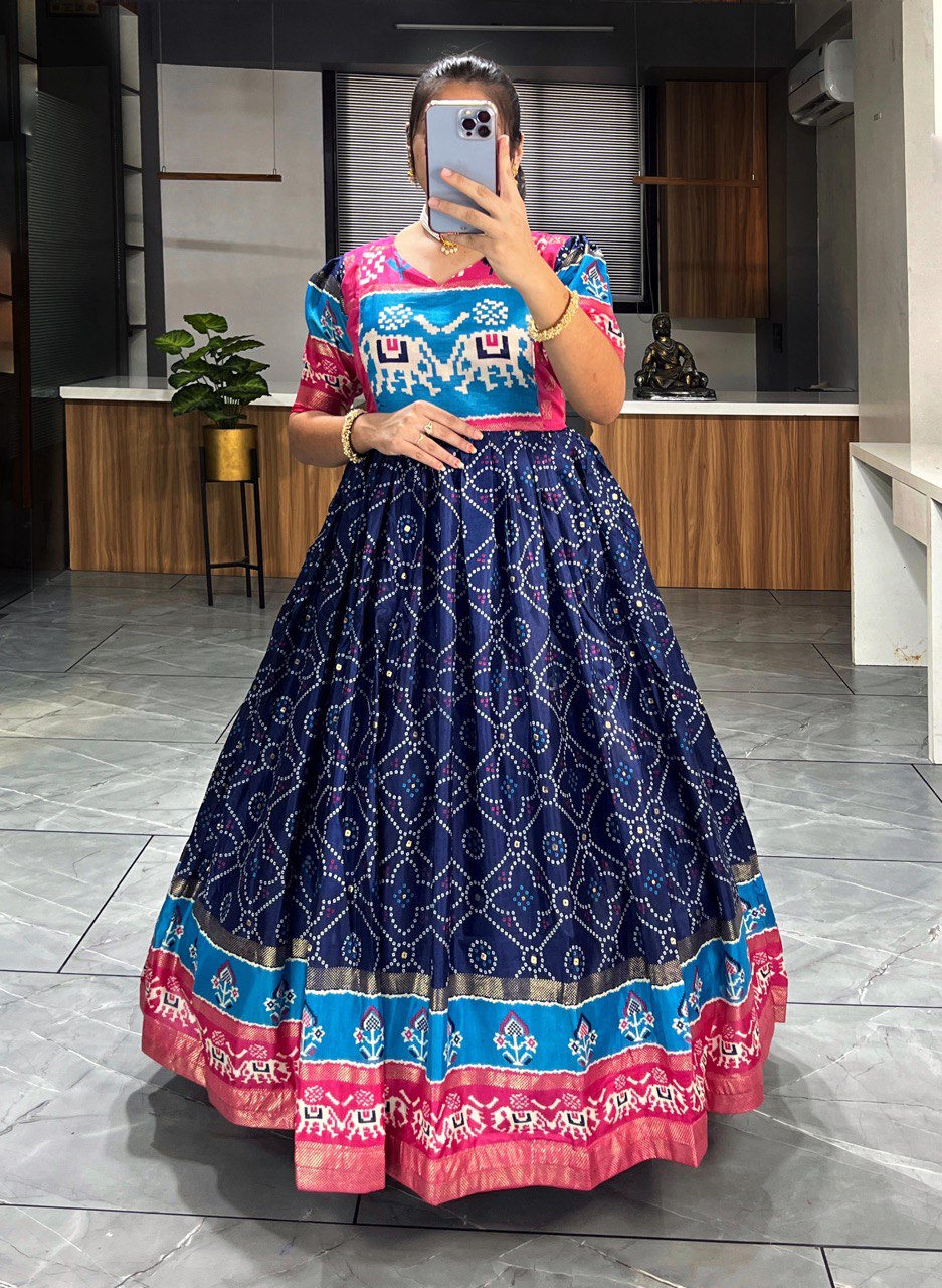 Patola Print Gown in Soft Dola Silk with Zari Border & Foil Work | Full Flare with Adjustable Fit YNF