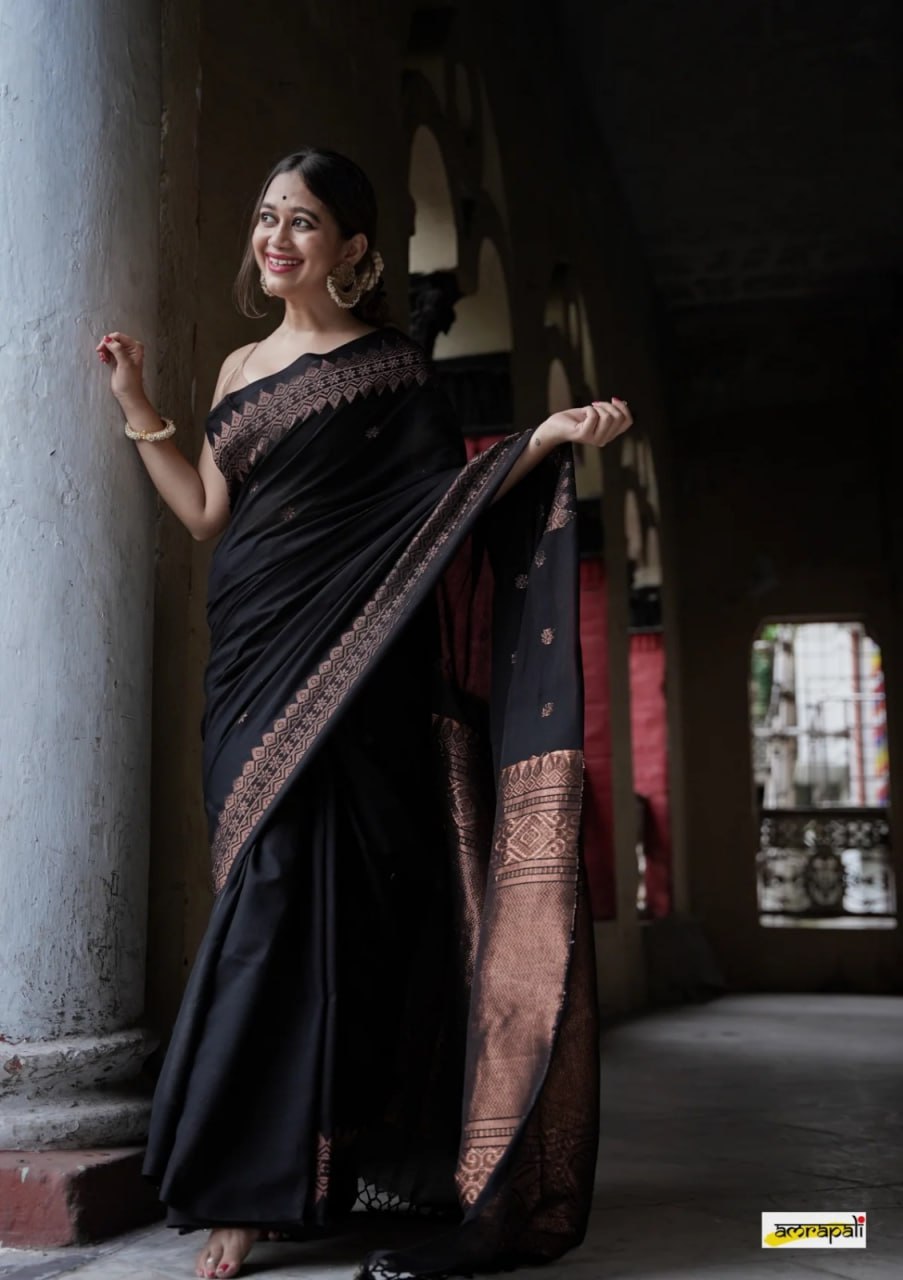Elegant Sky Blue Banarasi Soft Silk Saree with Copper Zari & Colorful Print | 5.5 M Length | 5 Color Options | Lightweight & Graceful Drape YNF