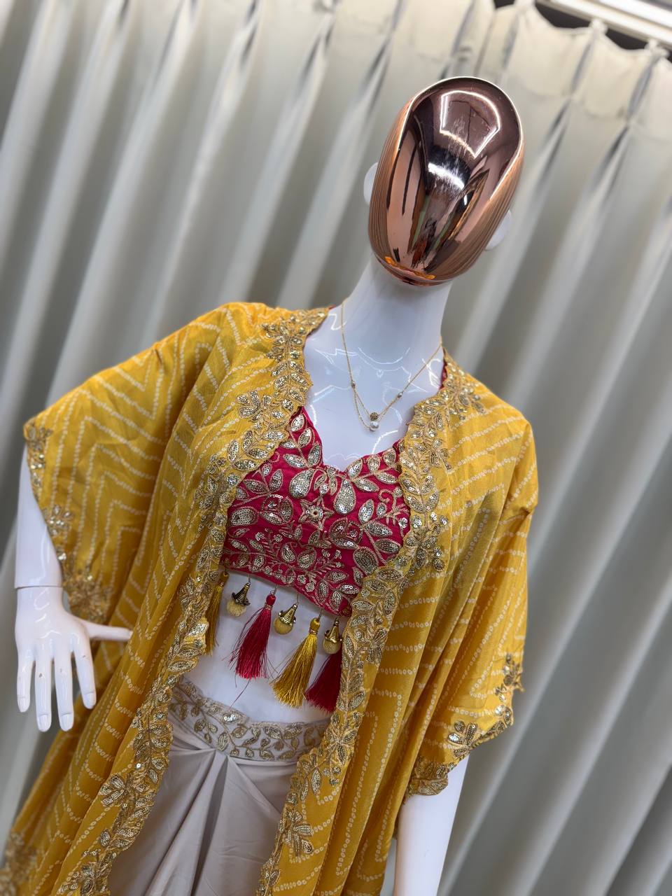Elegant Three-Piece Ensemble with Sequence Embroidery – Tube Blouse, Draped Skirt & Shrug YNF
