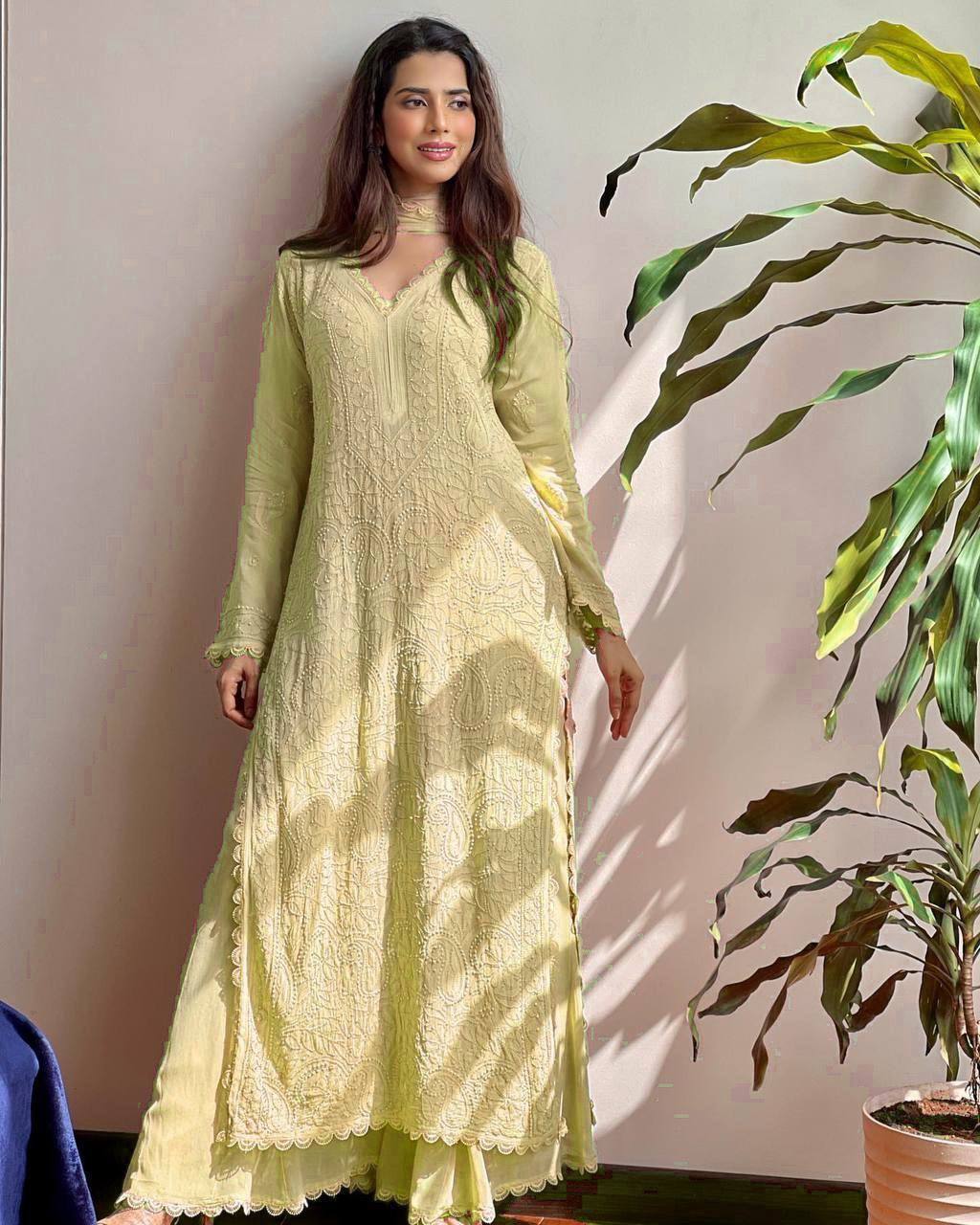 Elegant Faux Georgette Embroidered Top-Plazo Set with GPO Lace Work YNF