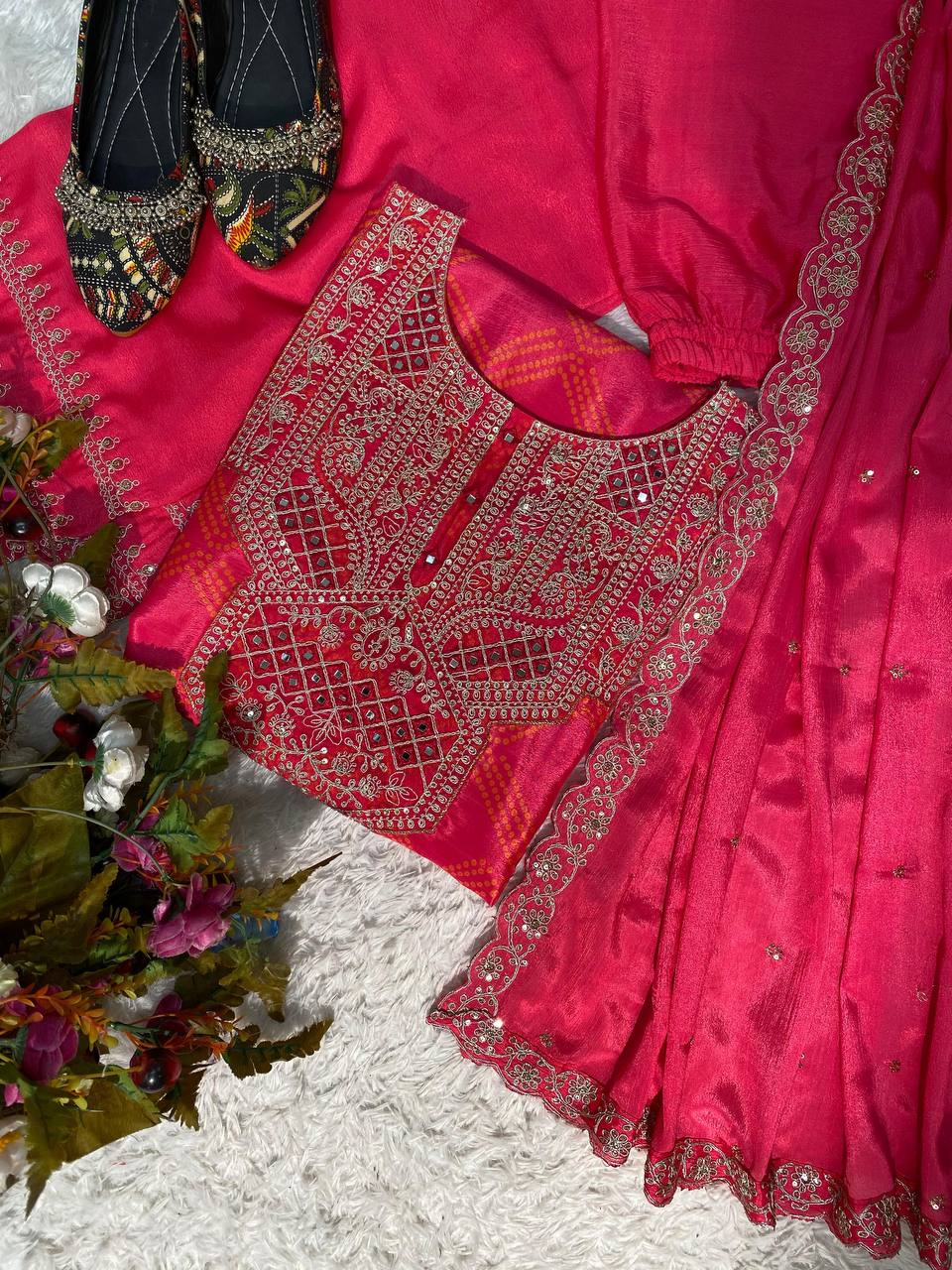 Premium Chinon Silk Suit Set with Pant & Dupatta | Real Mirror & Sequence Work YNF