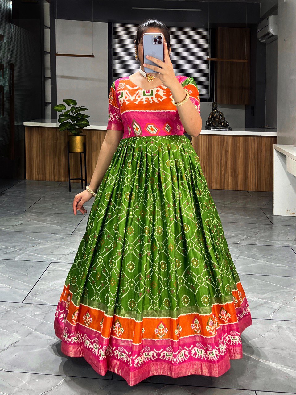 Patola Print Gown in Soft Dola Silk with Zari Border & Foil Work | Full Flare with Adjustable Fit YNF