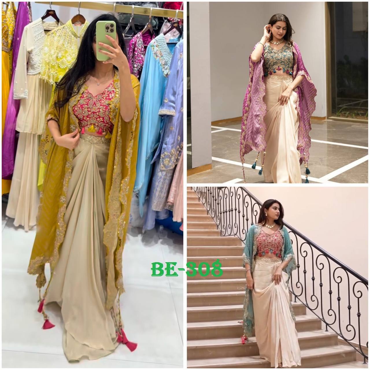 Elegant Three-Piece Ensemble with Sequence Embroidery – Tube Blouse, Draped Skirt & Shrug YNF