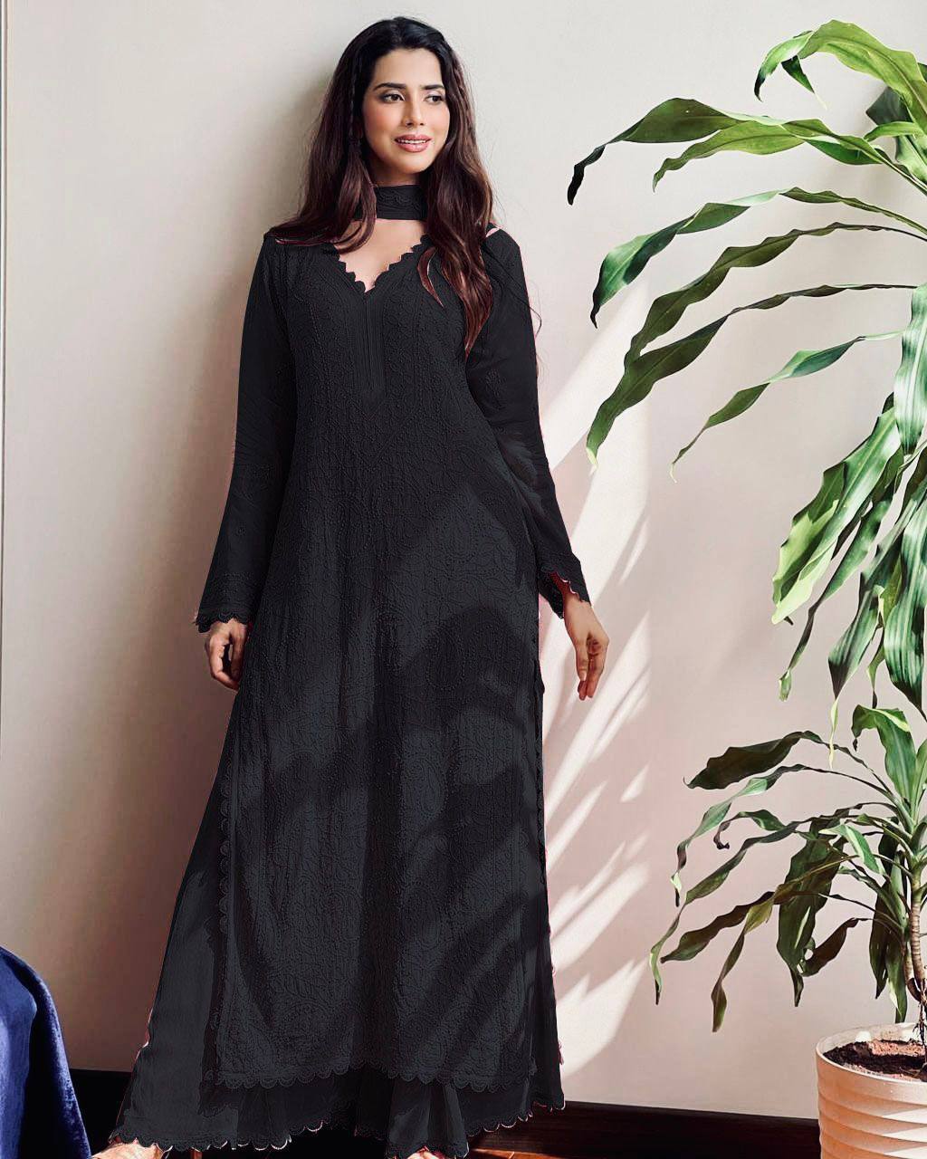 Elegant Faux Georgette Embroidered Top-Plazo Set with GPO Lace Work YNF