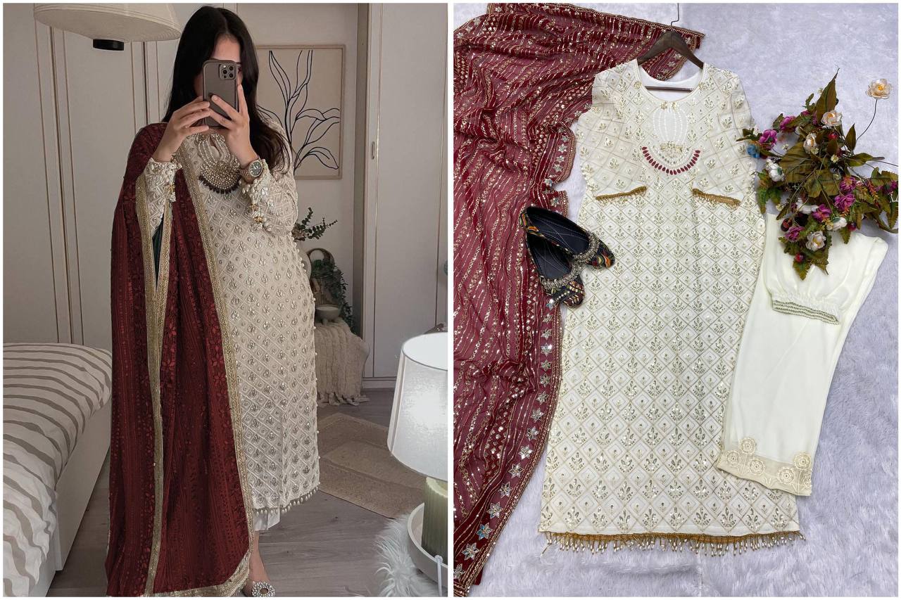 Elegant Fox Georgette Set with Sequence Embroidery & Real Mirror Dupatta YNF