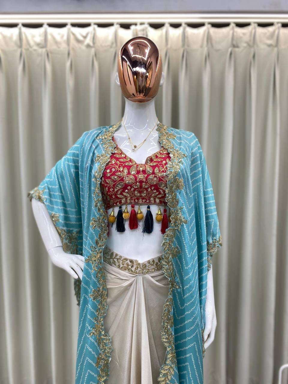 Elegant Three-Piece Ensemble with Sequence Embroidery – Tube Blouse, Draped Skirt & Shrug YNF