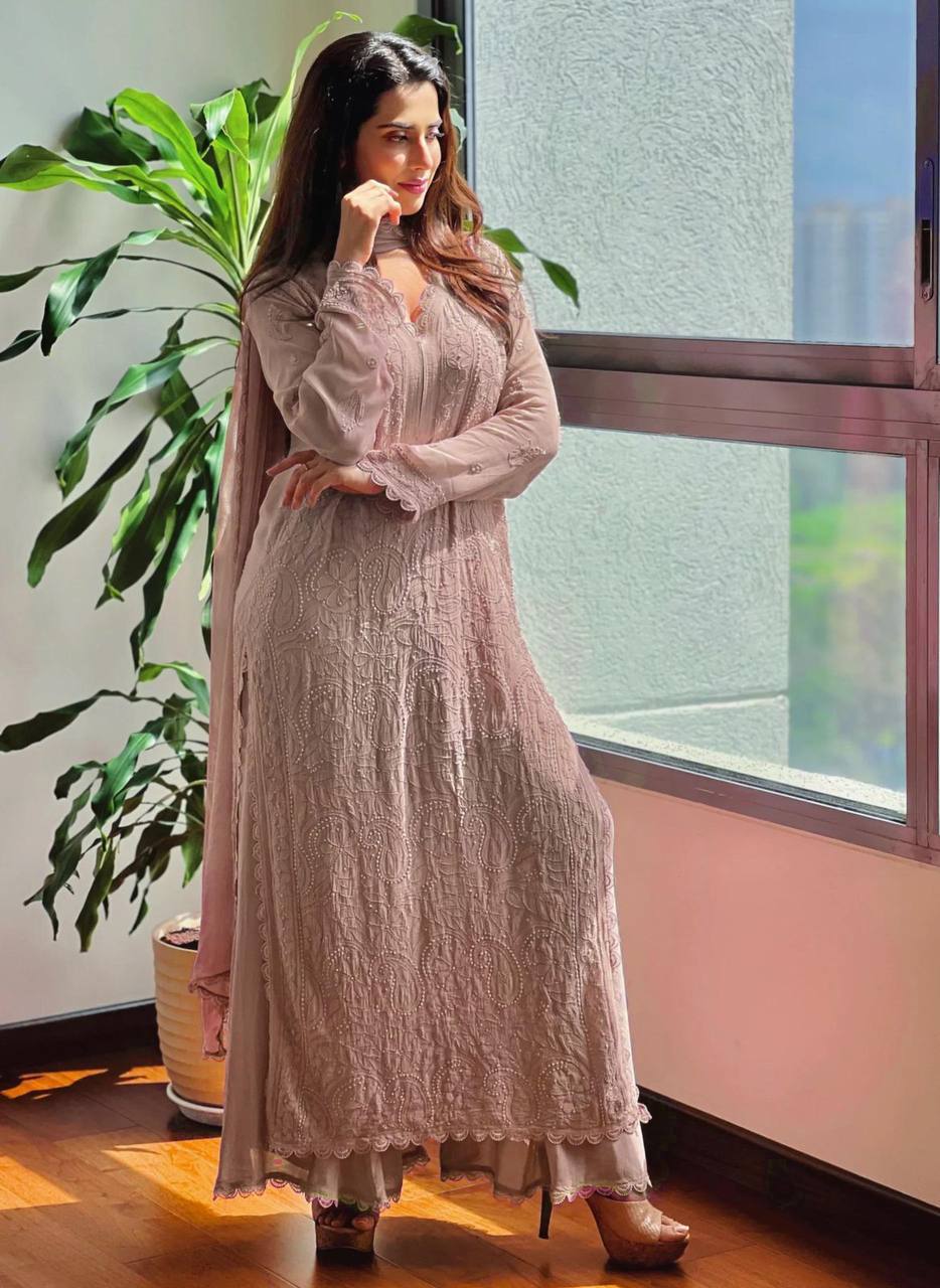 Elegant Faux Georgette Embroidered Top-Plazo Set with GPO Lace Work YNF