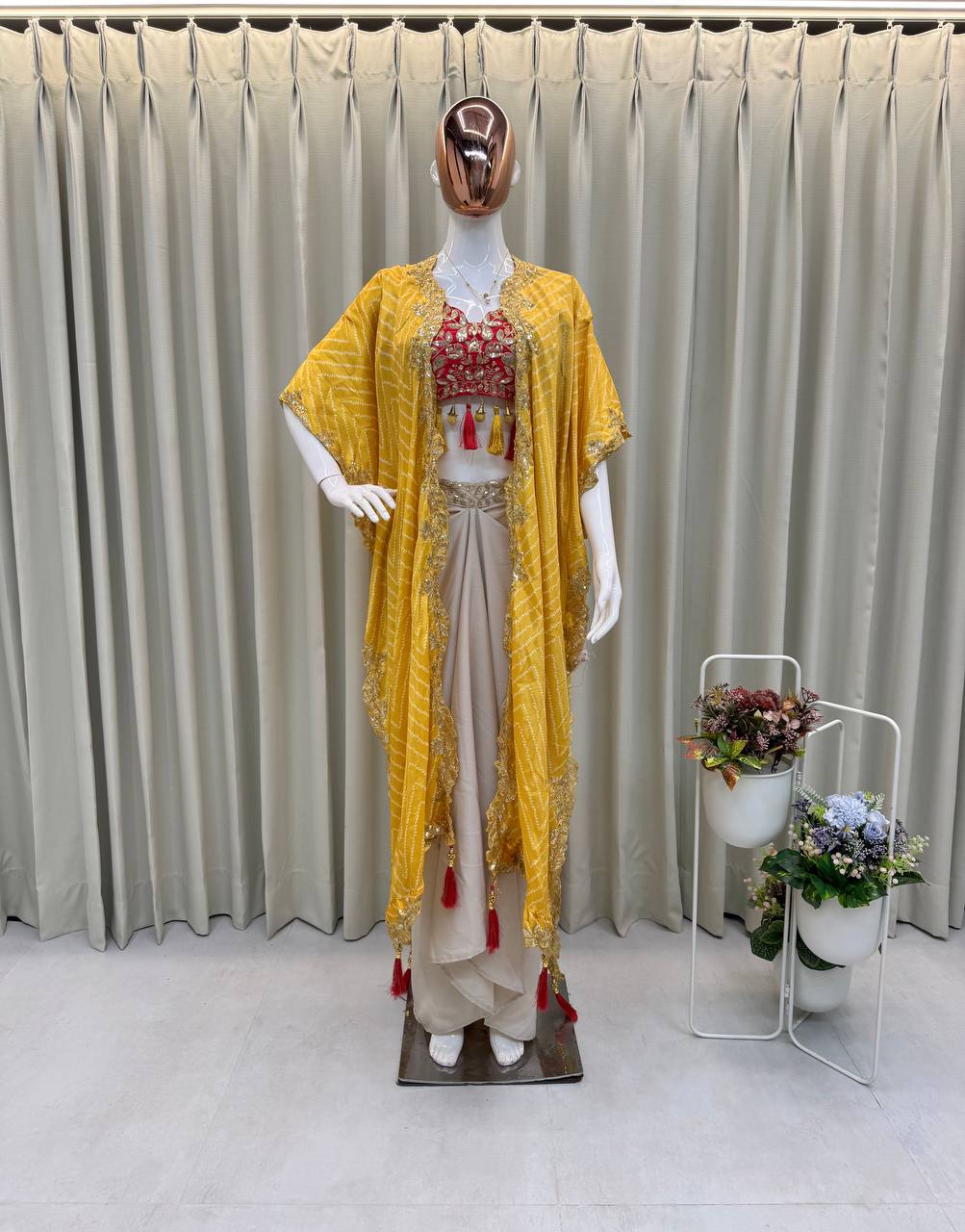 Elegant Three-Piece Ensemble with Sequence Embroidery – Tube Blouse, Draped Skirt & Shrug YNF