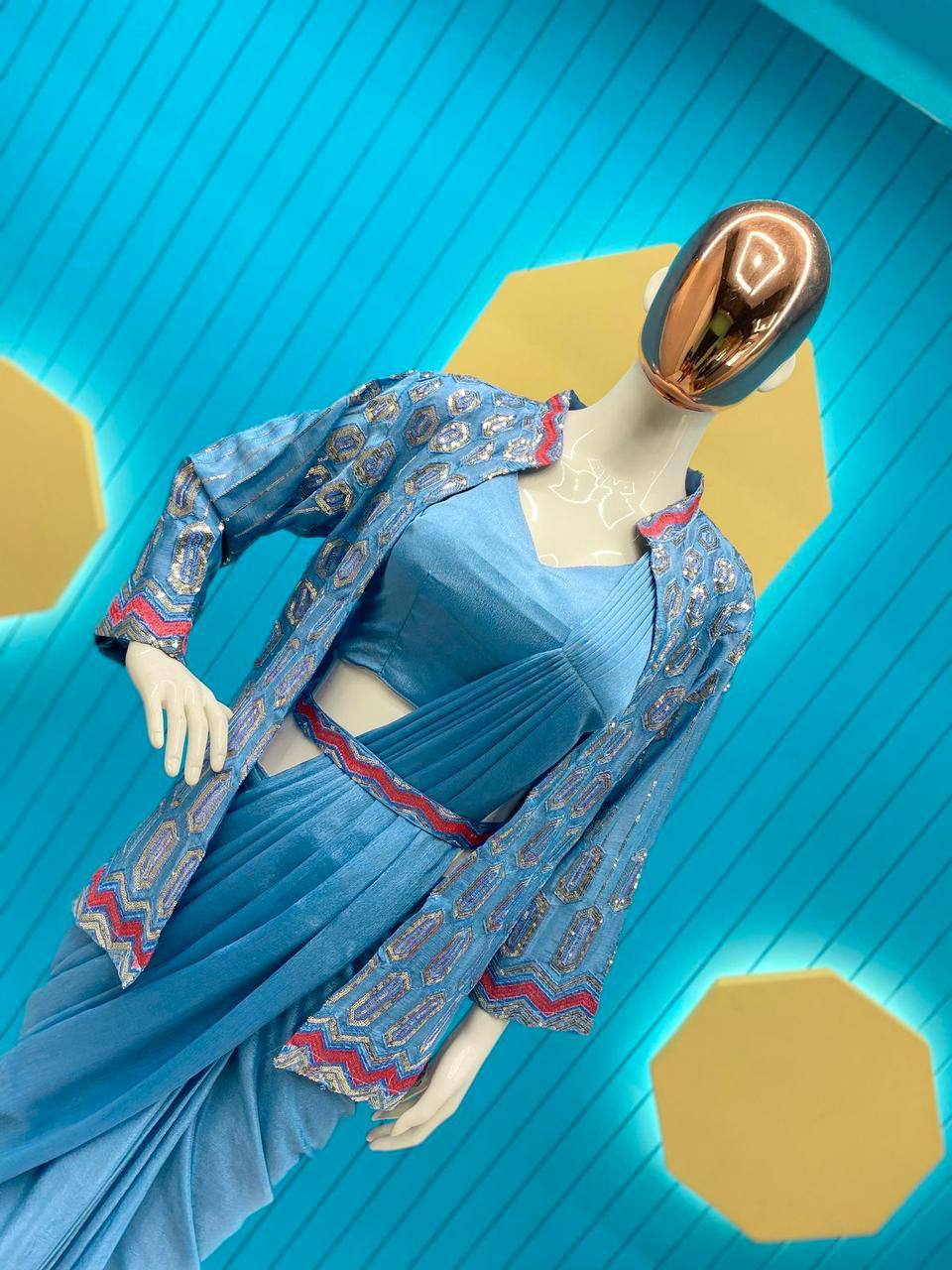 Elegant Chinon Silk Ready-to-Wear Saree Set with Embroidered Koti & Belt – Fits up to 44" YNF