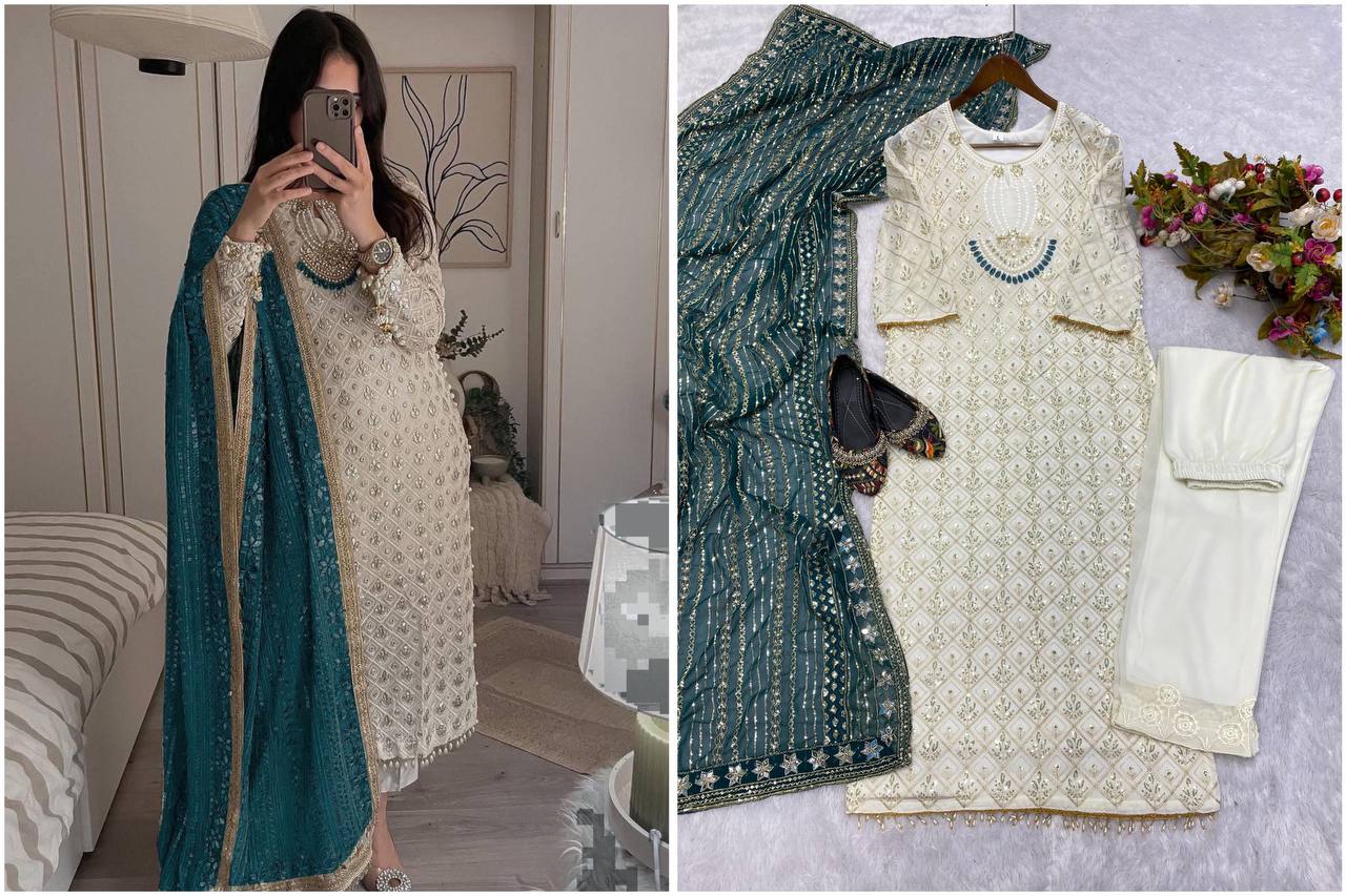 Elegant Fox Georgette Set with Sequence Embroidery & Real Mirror Dupatta YNF