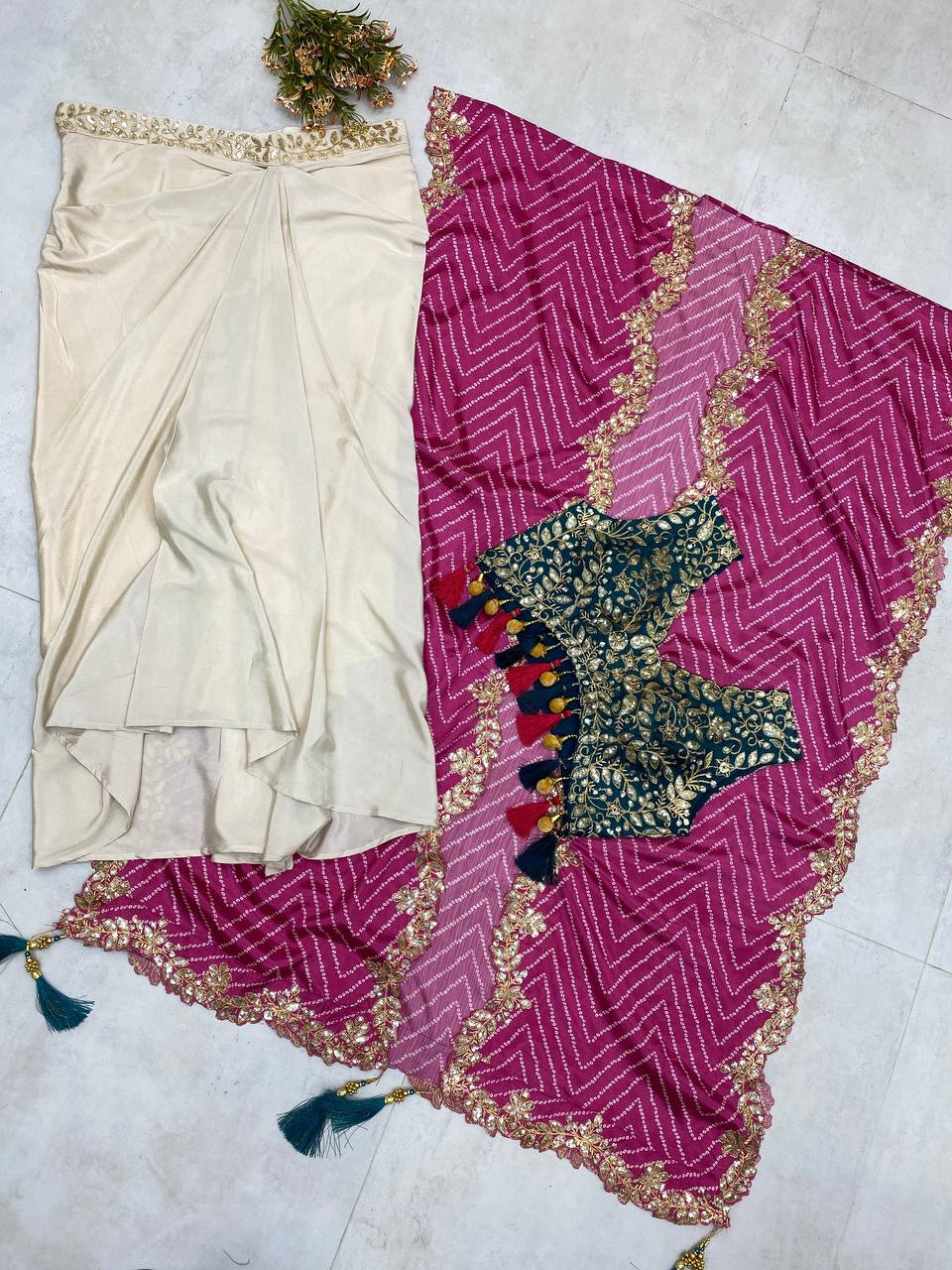 Elegant Three-Piece Ensemble with Sequence Embroidery – Tube Blouse, Draped Skirt & Shrug YNF