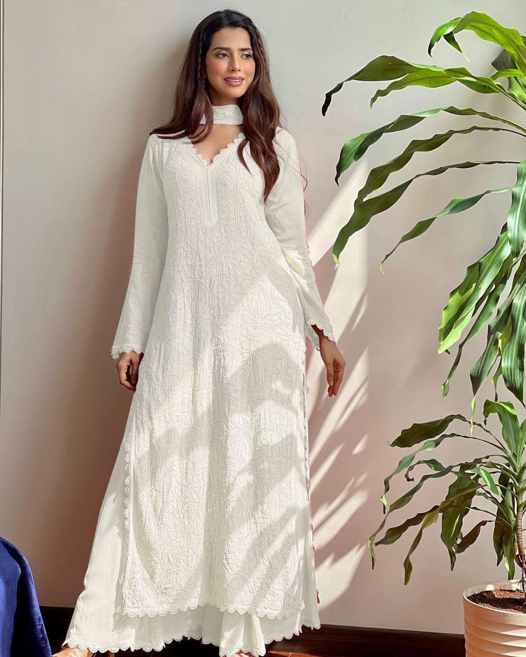 Elegant Faux Georgette Embroidered Top-Plazo Set with GPO Lace Work YNF